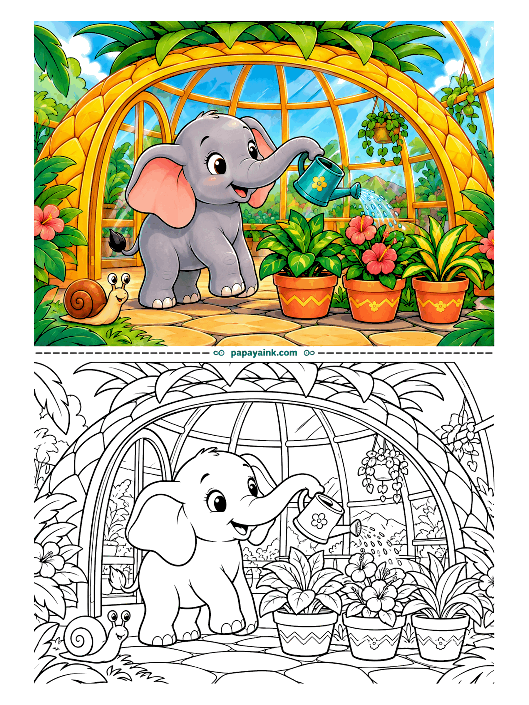 Elephant Coloring Pages - Inside a greenhouse built like a pineapple, the hibiscus gets its morning watering while a snail supervises from the paving stones. Detailed - leaves crowd in from every side, so sharp pencils help.
