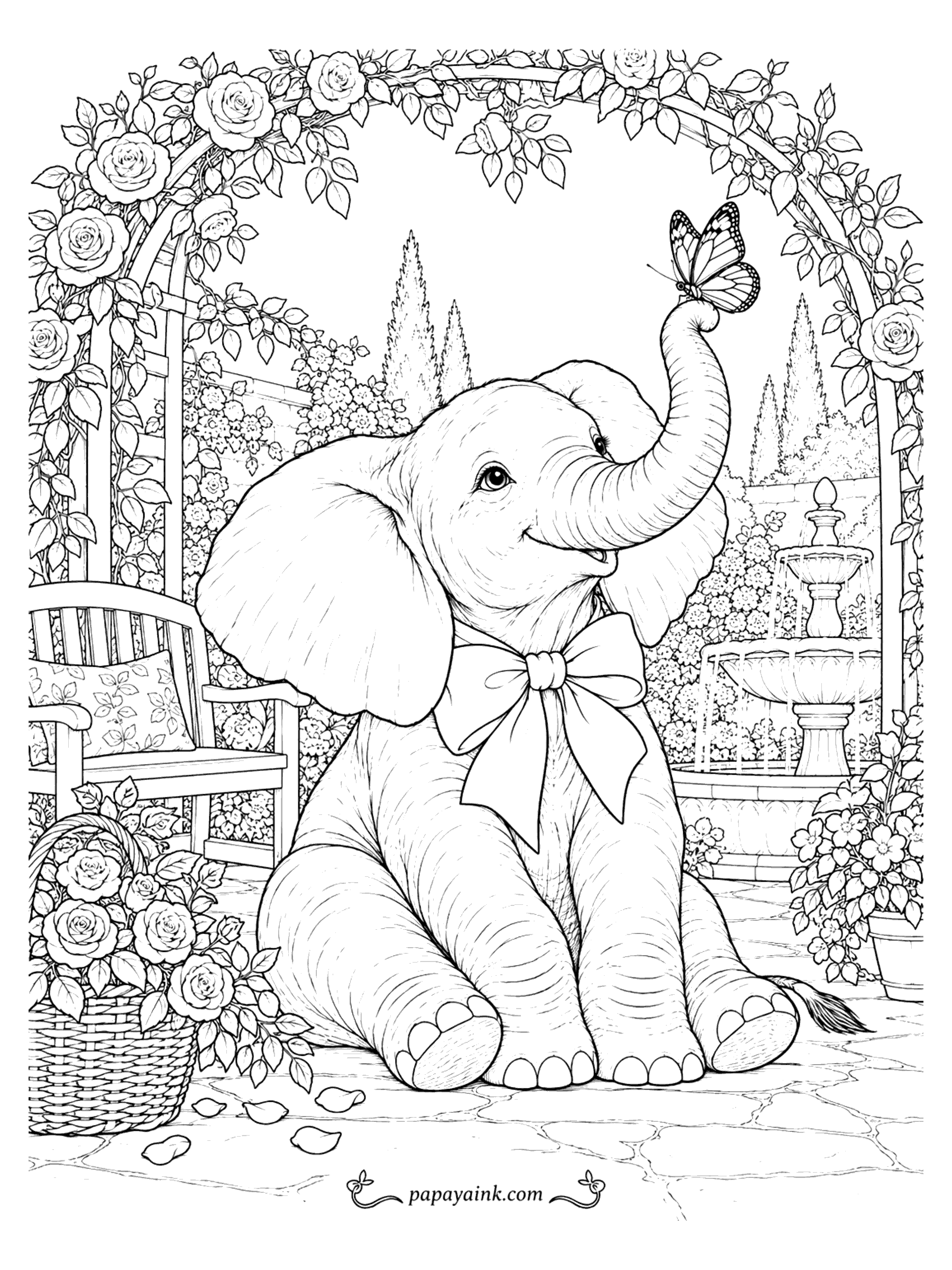 Elephant Coloring Pages - A baby elephant wearing a big bow sits under a rose arch and lifts its trunk to greet a butterfly.