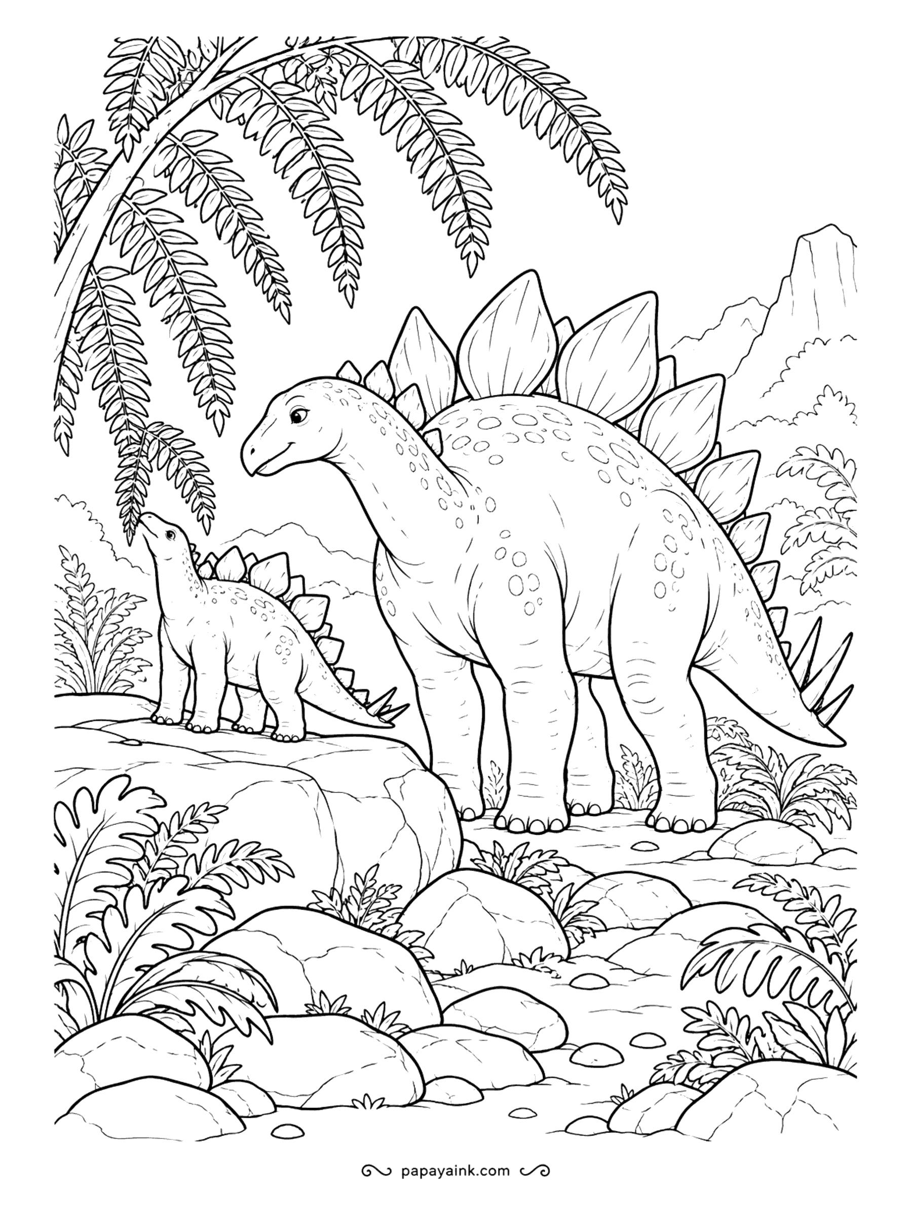 Stegosaurus Coloring Pages - Too short for the good leaves - for now. A baby stretches up from a rock toward a fern while the parent browses beside it, though grown stegosaurs mostly ate close to the ground anyway. Rocks and fronds fill the rest.