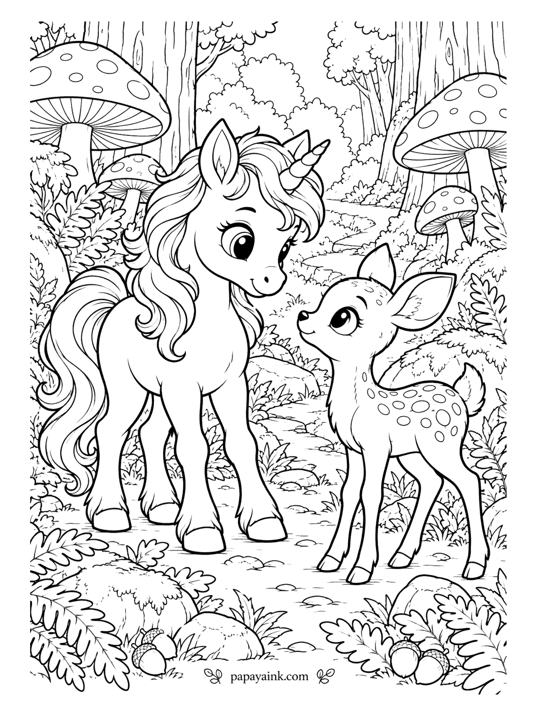 Baby Unicorn Coloring Pages - Toadstools taller than both of them, and a spotted fawn who seems to know every path. The baby unicorn follows along, ferns at her hooves and acorns underfoot. Detailed; give the toadstool caps a strong red and leave the spots bare.