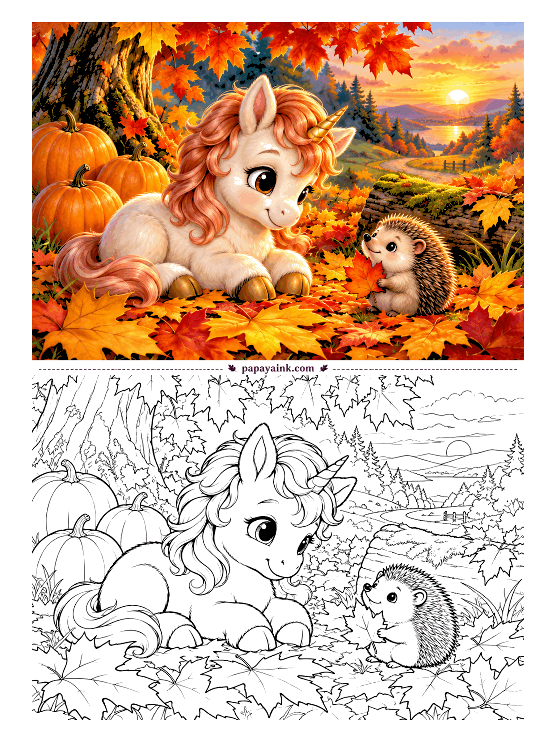 Baby Unicorn Coloring Pages - A hedgehog has come over with a maple leaf - possibly a gift, possibly a trade. The baby unicorn lies in a deep pile of fallen leaves beside the pumpkins, a path winding off into the sunset. Detailed: every leaf is its own small shape.