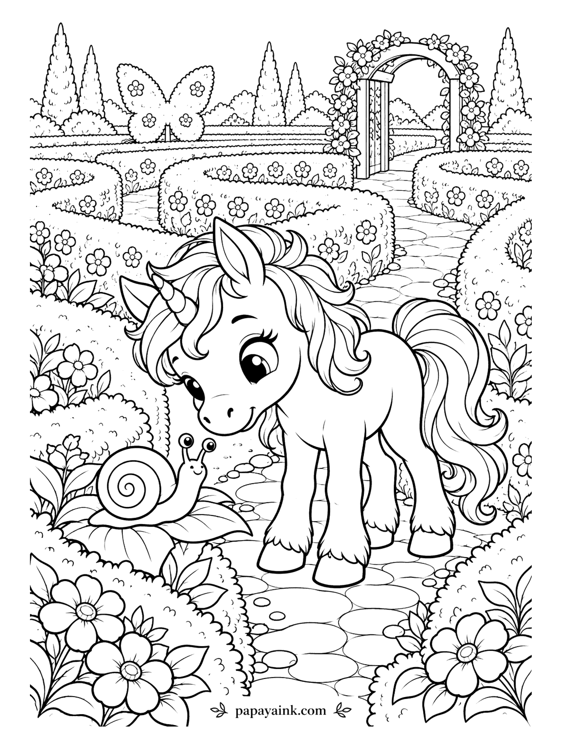 Baby Unicorn Coloring Pages - Lost in the hedge maze, the baby unicorn has found a guide: a snail who knows the way and is in no hurry to share it. A butterfly topiary and a rose arch mark the exit. Two greens for the hedges keep the paths clear.