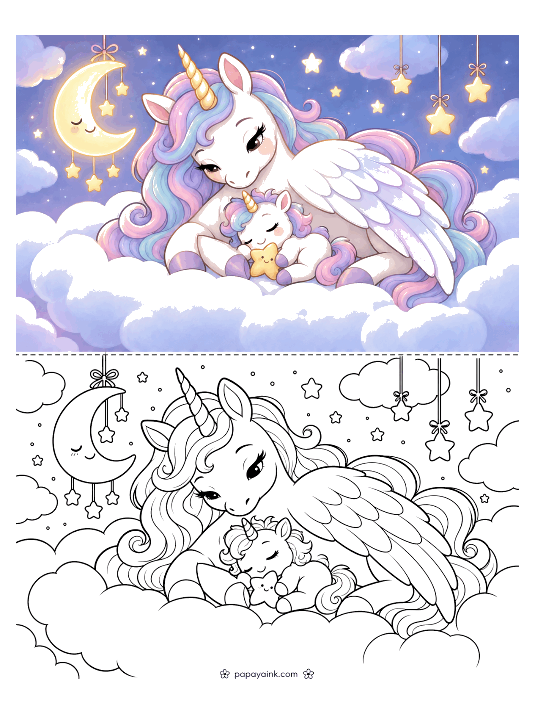 Baby Unicorn Coloring Pages - A baby unicorn sleeps in mama's arms on a soft cloud, hugging a plush star, beneath a sleepy moon and hanging stars.