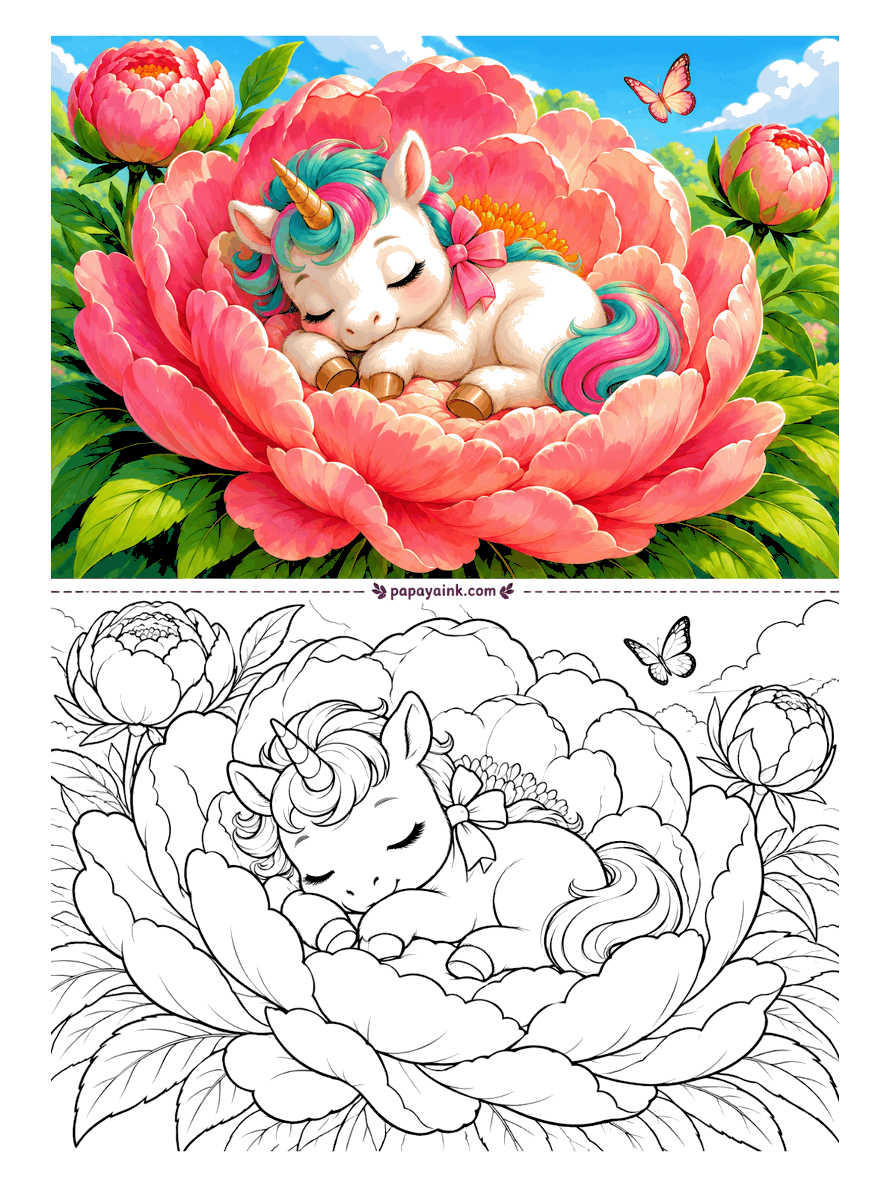 Baby Unicorn Coloring Pages - Peonies this size are big enough to nap in, and this baby unicorn picked the biggest one around. She sleeps curled in the middle, a bow in her mane, while a butterfly politely keeps its distance. Wide petals - a calm page to start with.