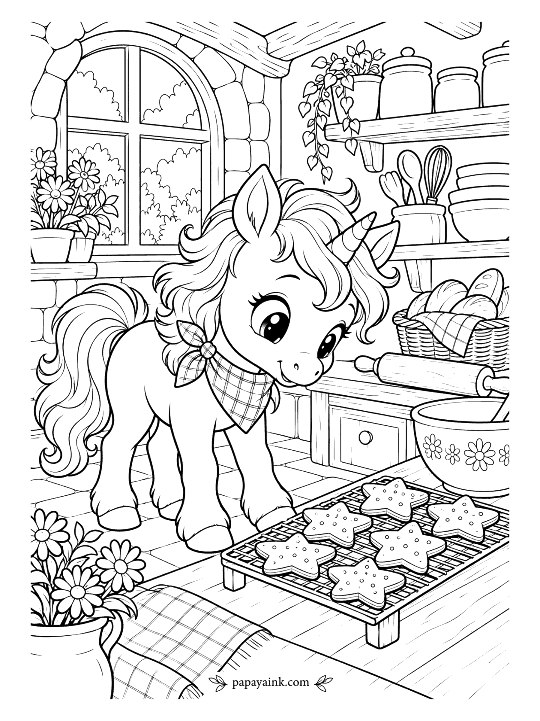 Baby Unicorn Coloring Pages - A tray of star cookies on the cooling rack, and a baker in a gingham neckerchief pretending not to sniff them. Mixing bowl, rolling pin and bread basket fill the cozy kitchen. Detailed - the plaid fabric and shelves of jars reward patience.