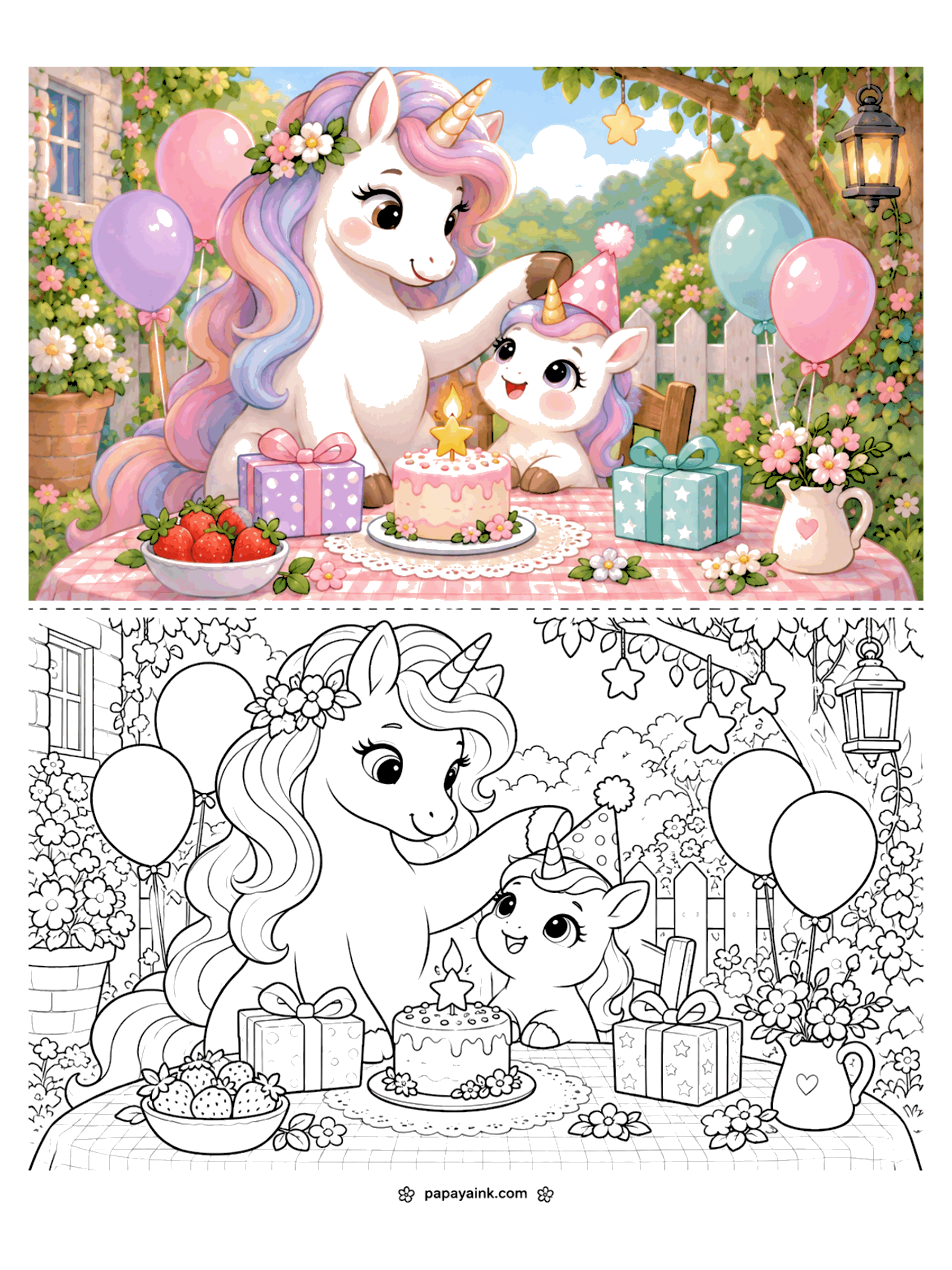Baby Unicorn Coloring Pages - Garden birthday: mama sets a party hat on her baby beside a star-candle cake, balloons, wrapped gifts and a bowl of strawberries. Detailed.