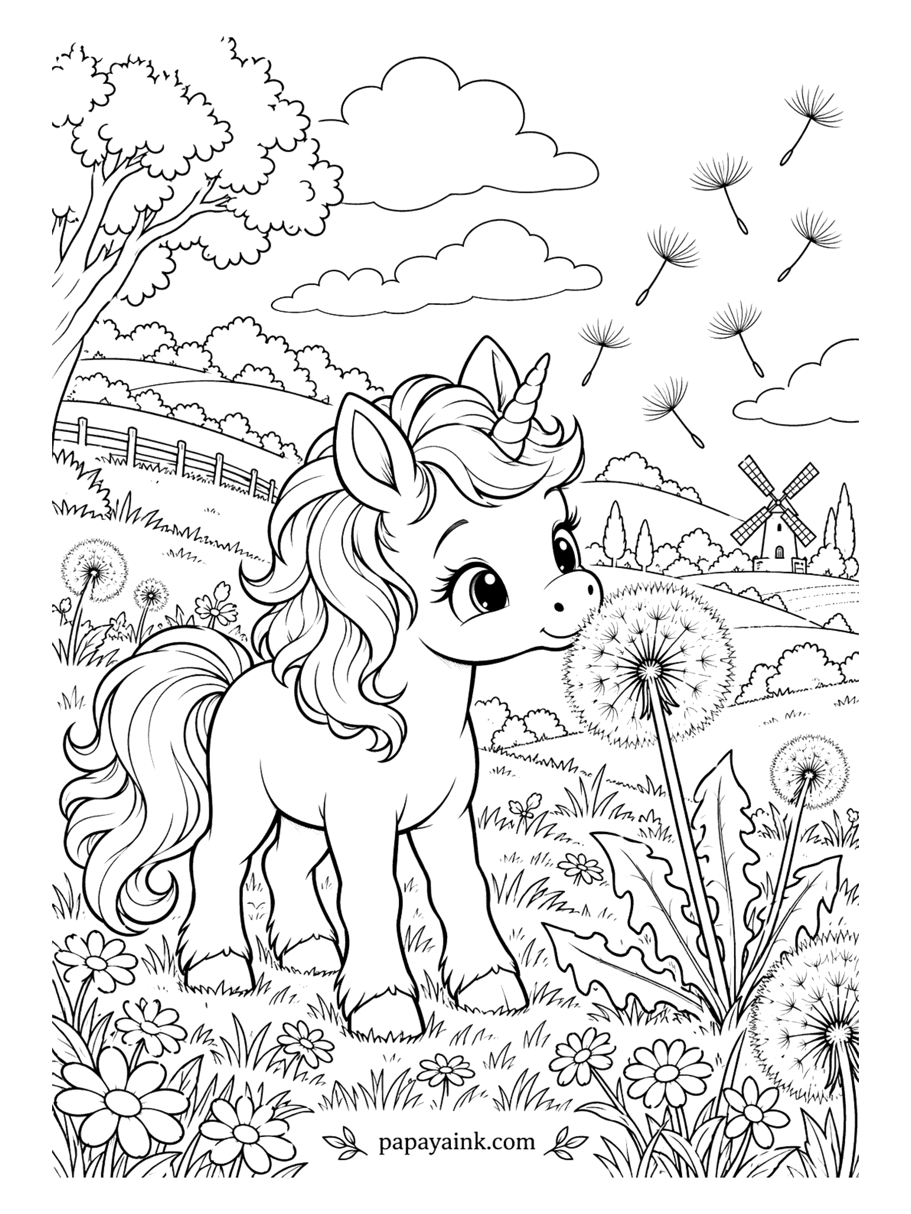 Baby Unicorn Coloring Pages - Each dandelion clock in this meadow is one more wish, and a few have already been spent. The seeds float off toward a windmill on the hill. Leave the fluffy heads white and color everything around them.