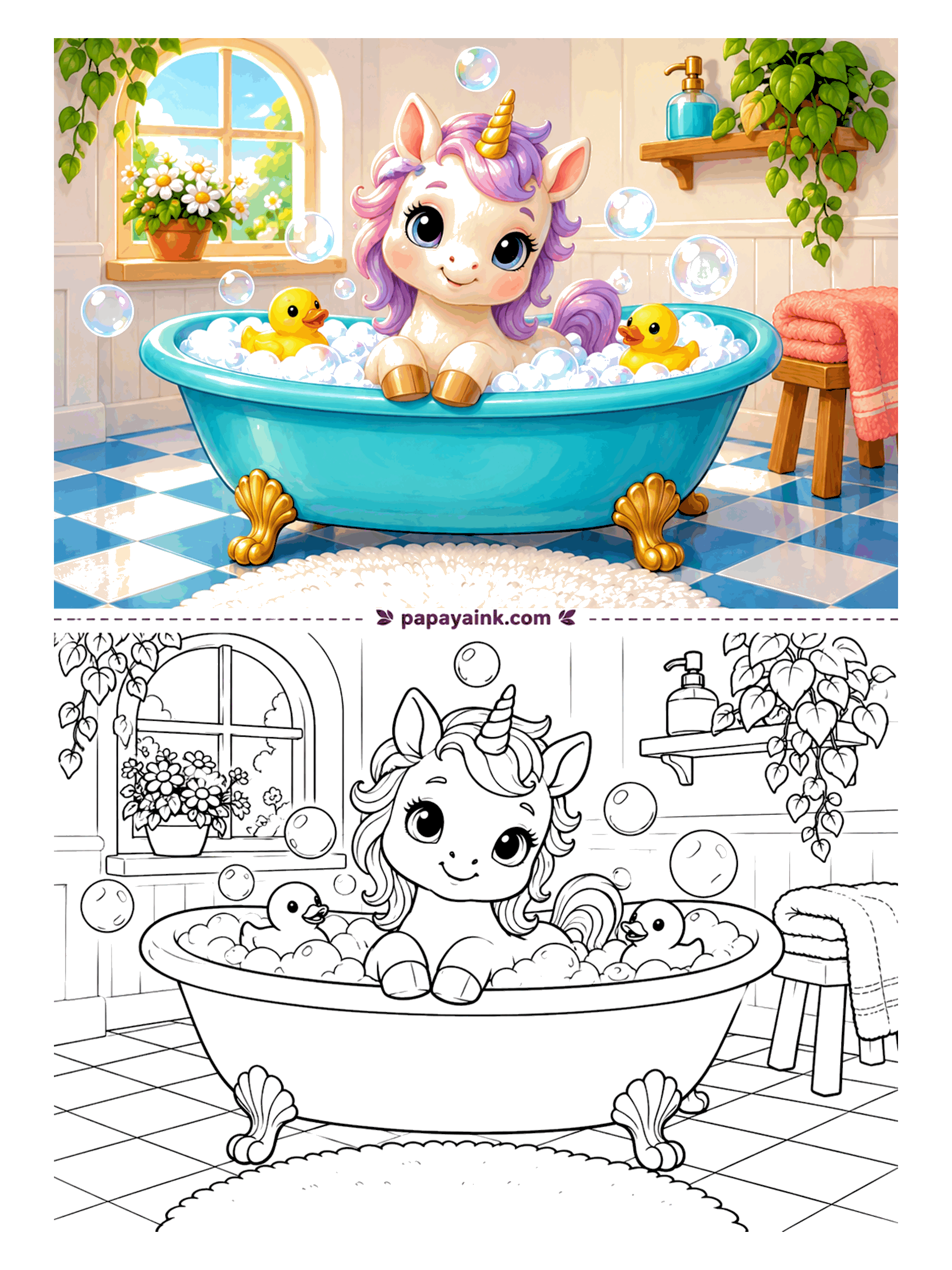 Baby Unicorn Coloring Pages - Bath time in a claw-foot tub, a rubber duck posted on each side like a lifeguard. Bubbles drift toward the window plants, and nobody is in a hurry to get out. Leave the bubbles white, or give each a faint rainbow rim.