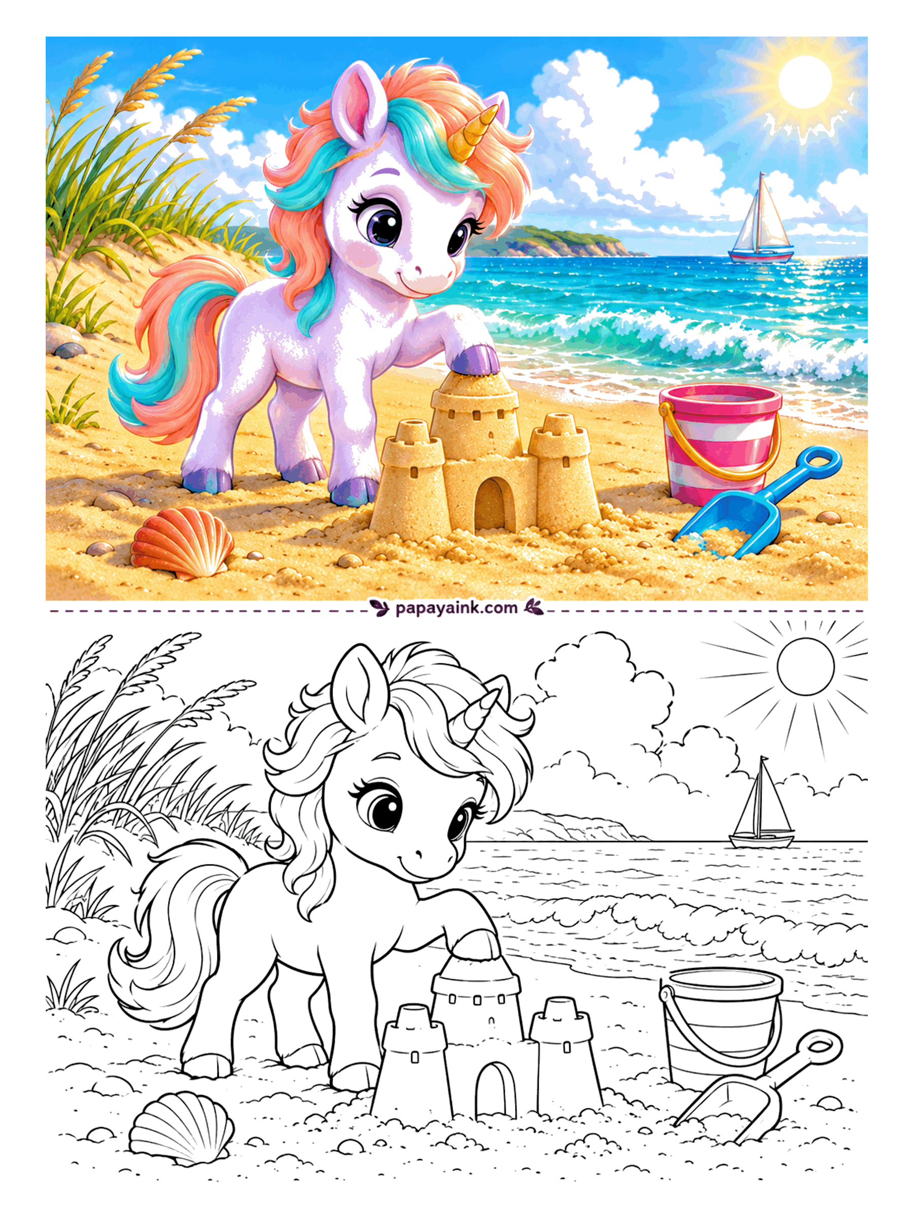 Baby Unicorn Coloring Pages - The sandcastle has towers, a gate and one hoof pressing on the final touch. A striped bucket and a spade lie nearby, a shell rests in the sand, and a sailboat crosses the horizon. Plenty of open sand and sky, so it colors quickly.
