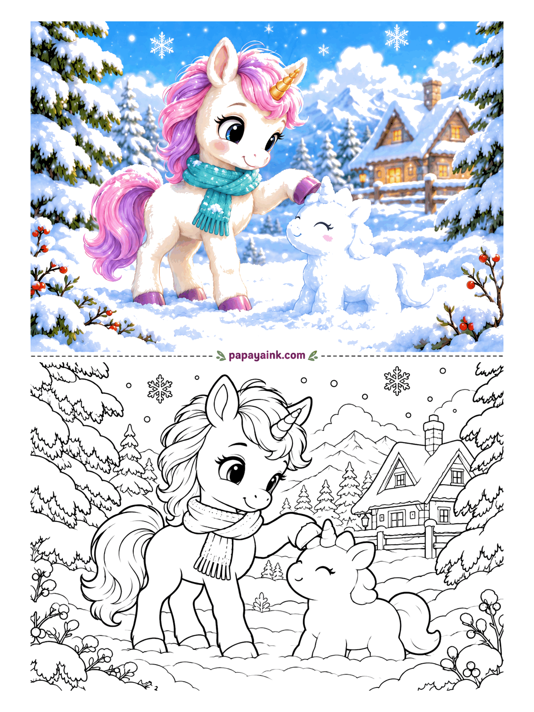 Baby Unicorn Coloring Pages - A snowman would have been too easy. This little one in a knitted scarf has built a snow unicorn instead, smile and all, in front of a snowy cottage and a row of pines. Leave the snow paper-white and shade it with pale blue.