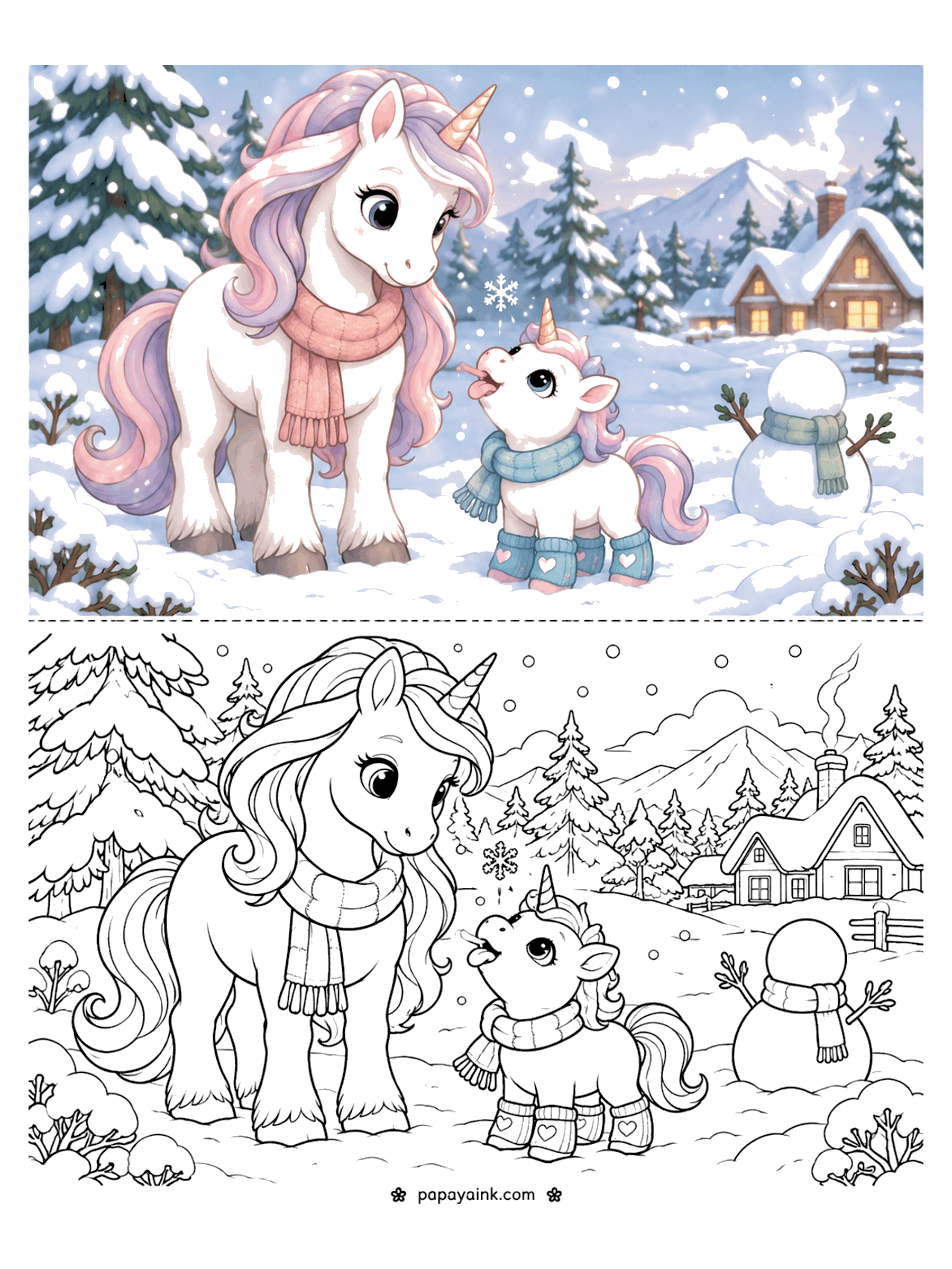Baby Unicorn Coloring Pages - A baby unicorn in a scarf and leg warmers catches a snowflake on its tongue while mama looks on, with a snowman and a snowy cottage behind. Detailed.