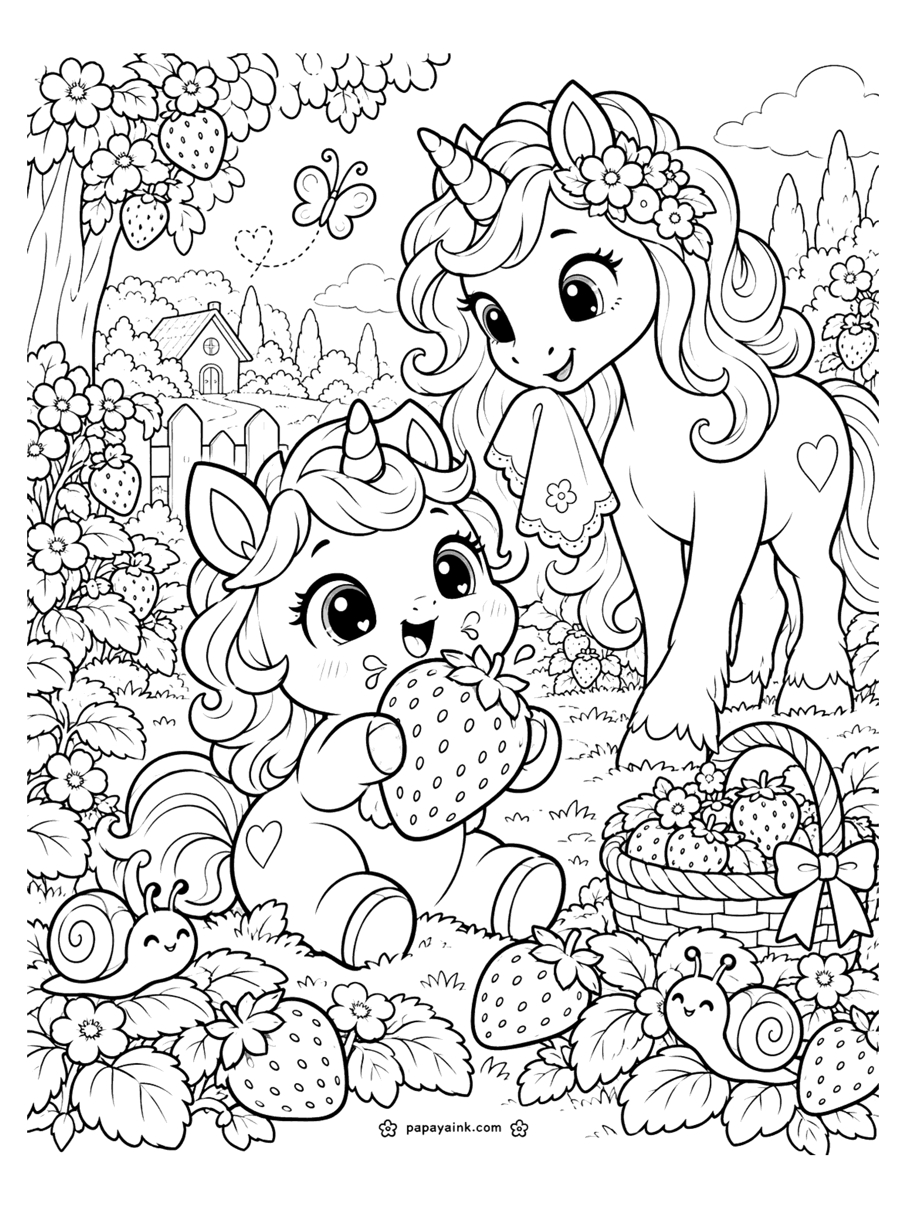 Baby Unicorn Coloring Pages - A messy baby unicorn bites into a giant strawberry in the berry patch while mama waits with a napkin, next to a full basket and two happy snails. Detailed.