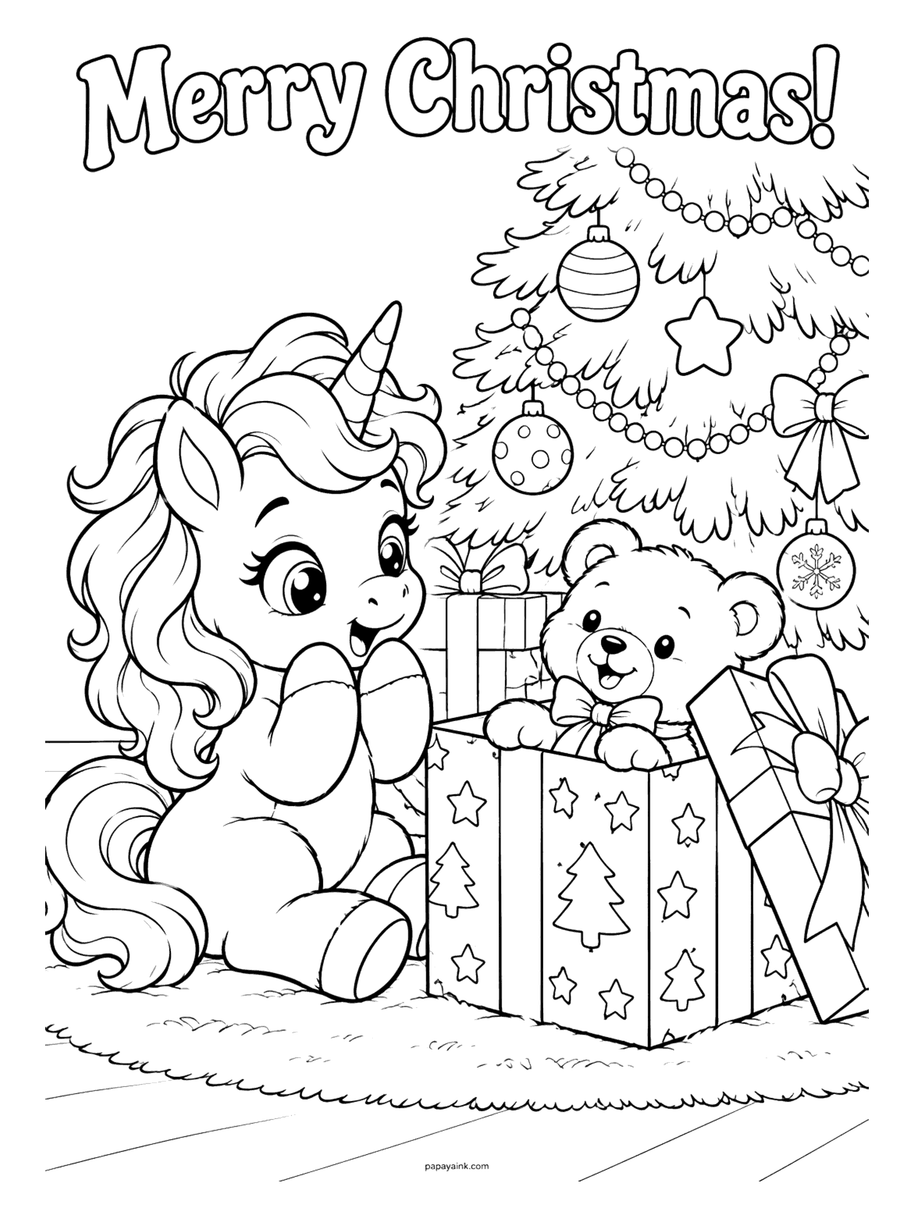Merry Christmas Coloring Pages - A baby unicorn gasps with delight as a teddy bear pops out of a gift box beneath the Christmas tree.
