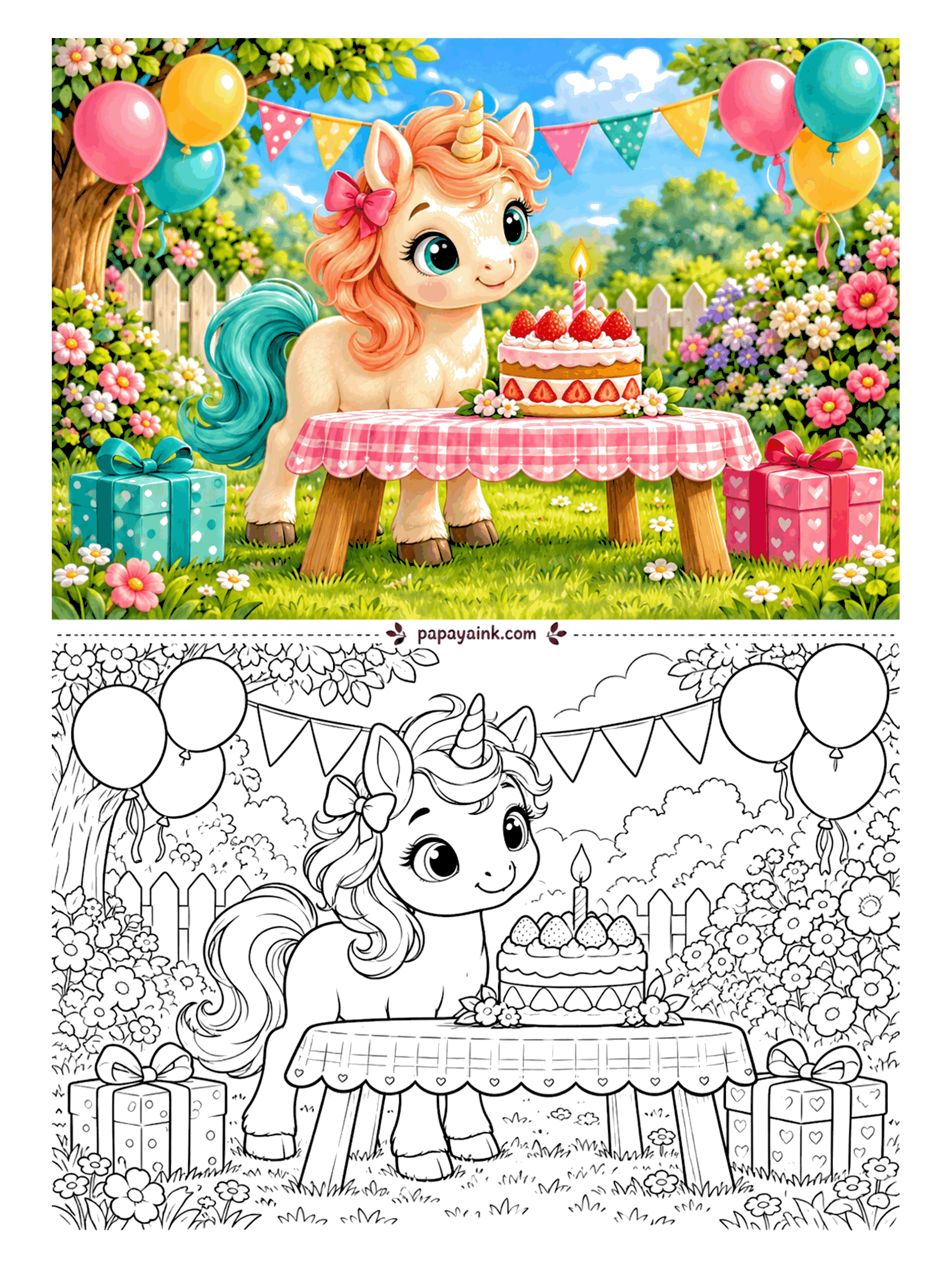 Baby Unicorn Coloring Pages - Just one candle on the strawberry cake - the very first birthday. Balloons and bunting hang over the garden, presents sit under the gingham table, and the guest of honor has yet to figure out what a candle is for. Detailed.