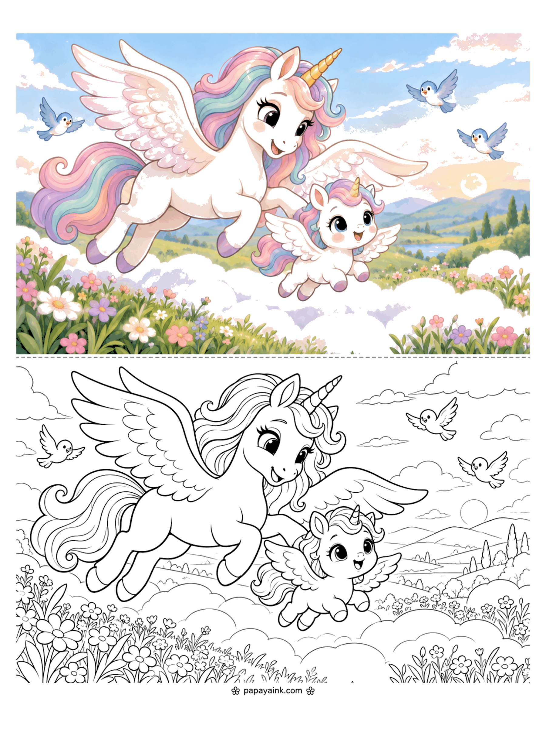 Baby Unicorn Coloring Pages - First flight: a winged baby unicorn soars beside mama over rolling hills and a flower meadow at sunset, with bluebirds all around.