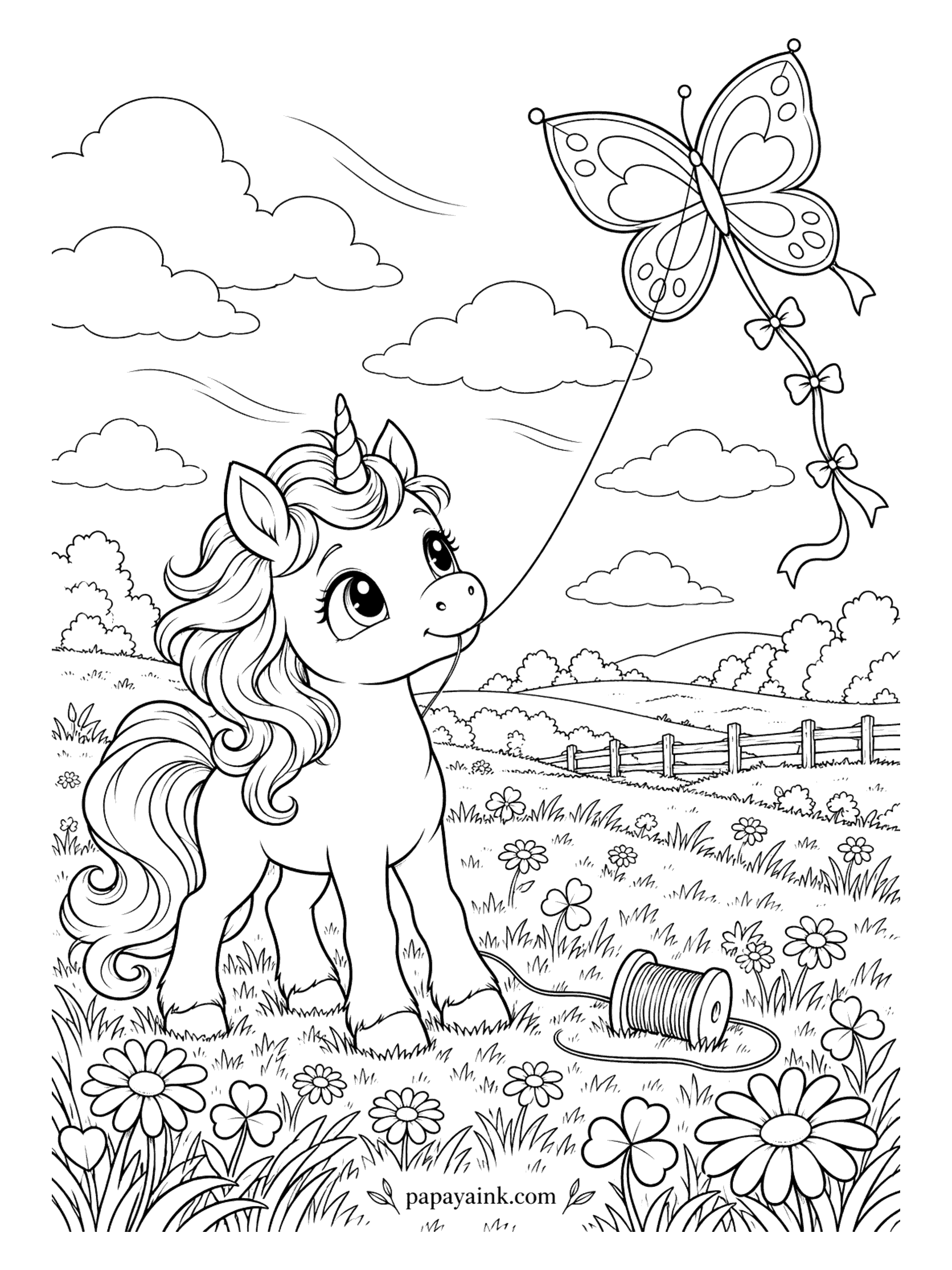 Baby Unicorn Coloring Pages - The string goes in the mouth, the spool lies in the clover, and the butterfly kite is doing very well on its own. Open sky and a wide meadow give the page plenty of breathing room. A good one for quick, bright coloring.