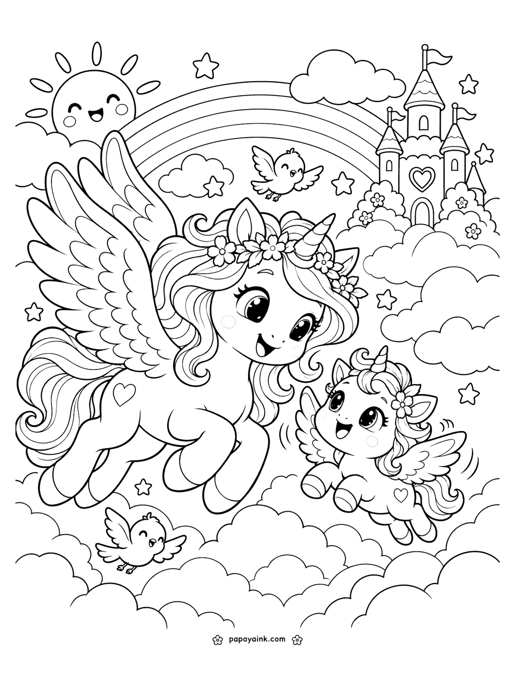 Baby Unicorn Coloring Pages - A winged baby unicorn flaps after mama through puffy clouds, past a rainbow, a smiling sun, little birds and a castle in the sky.