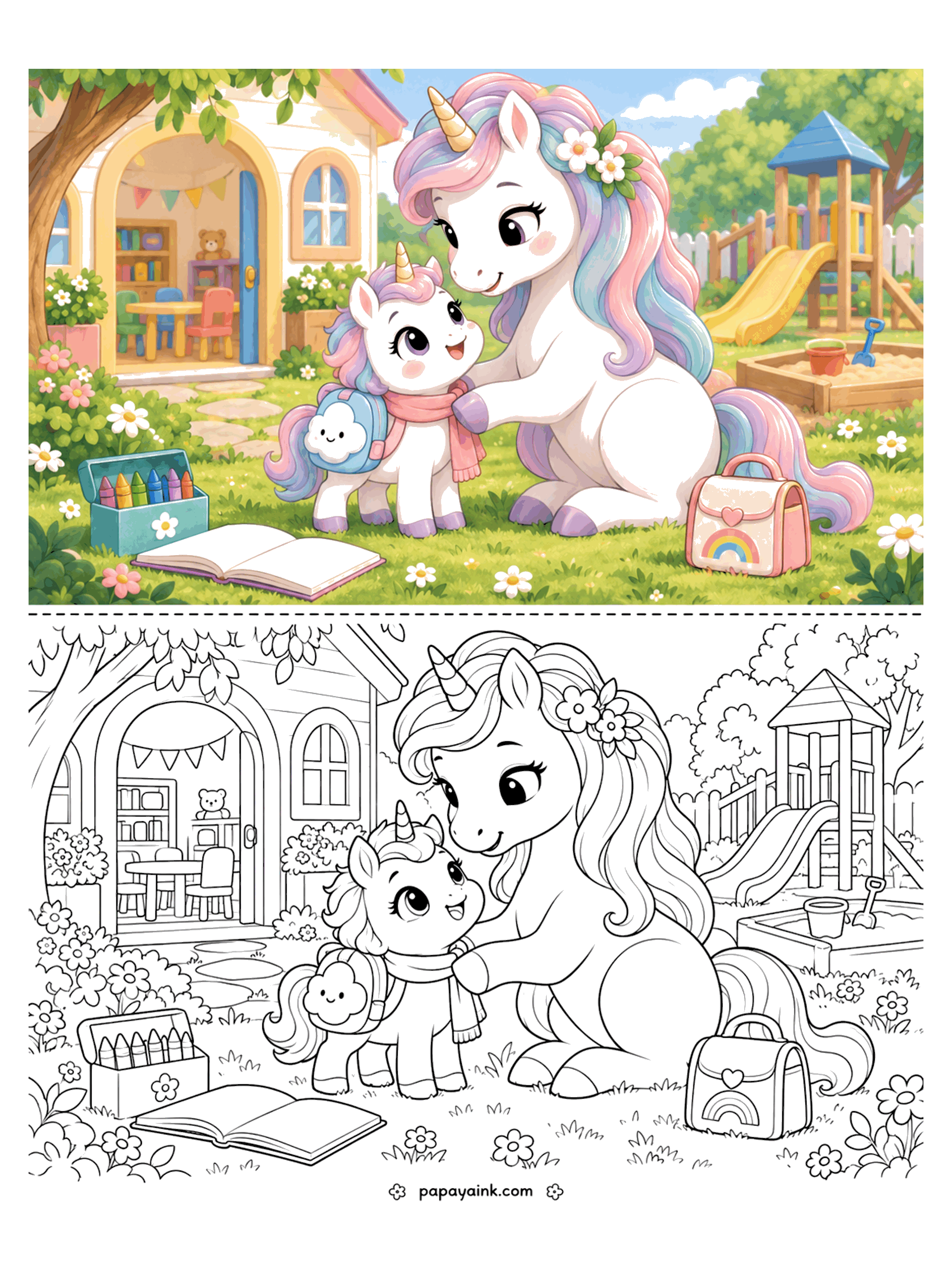 Baby Unicorn Coloring Pages - Mama unicorn ties a scarf on her baby, who wears a cloud backpack, in front of a playhouse with a slide and sandbox nearby.