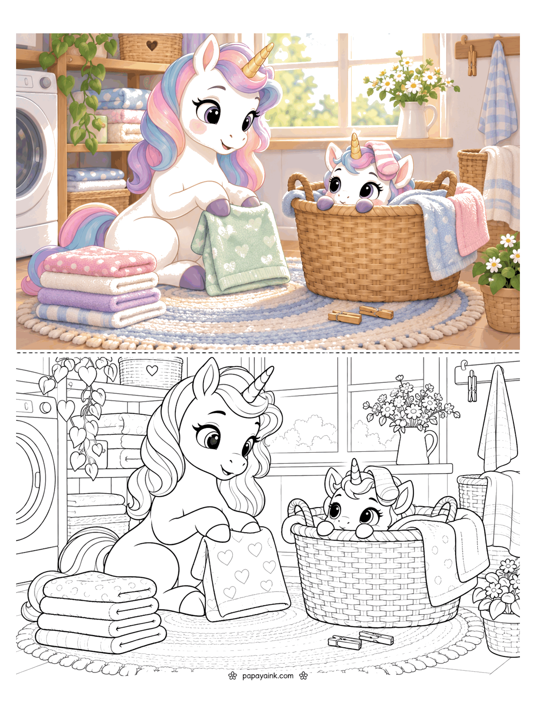Baby Unicorn Coloring Pages - Laundry day: a baby unicorn peeks out of a wicker basket with a sock on its head while mama folds a heart-print towel.