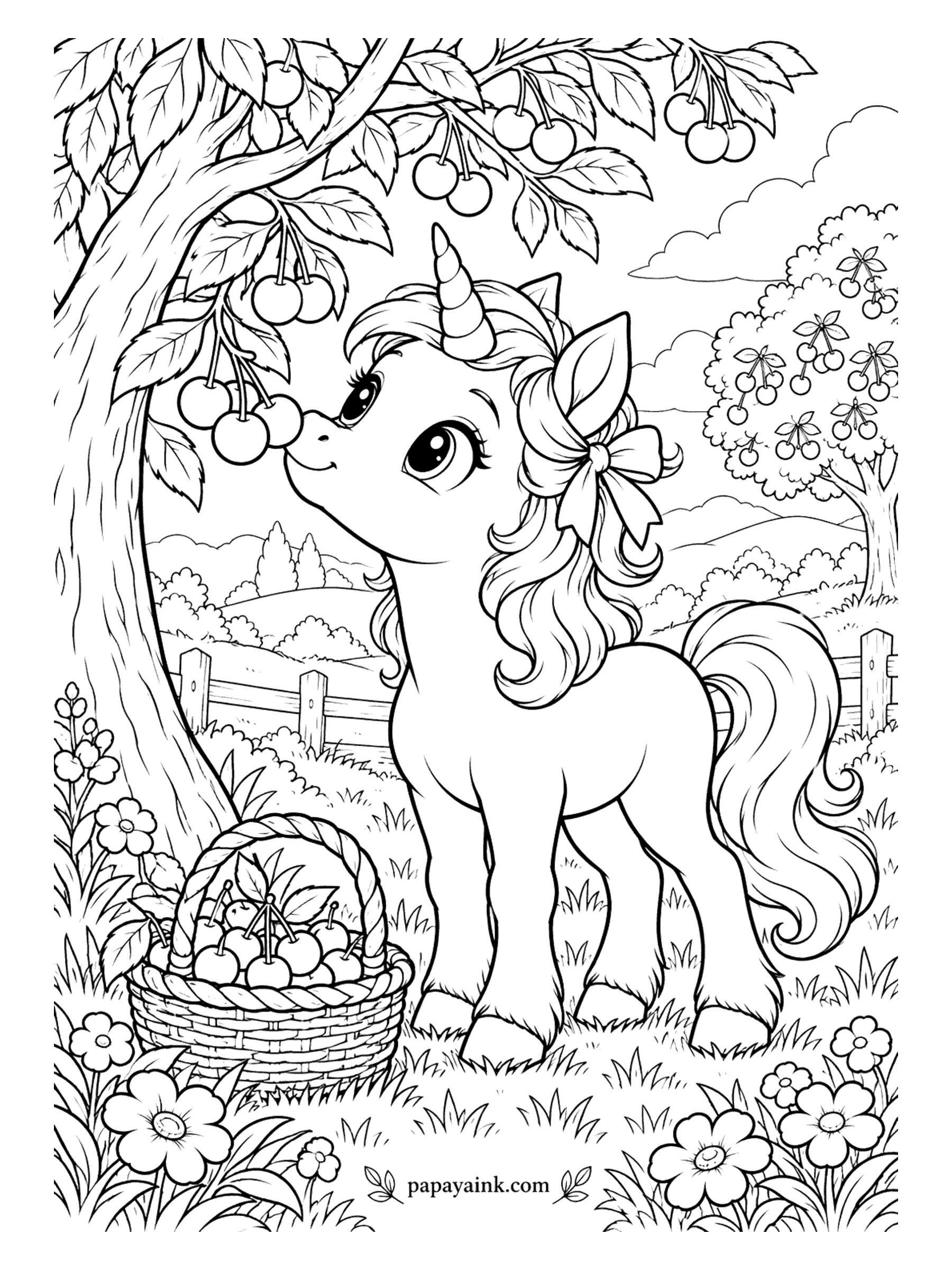 Baby Unicorn Coloring Pages - Already a full basket, but cherries still on the tree always taste better. Ribbon in her mane and nose in the branches, she stands under the old tree while the orchard rolls off toward the hills. Save your brightest red for the cherries.