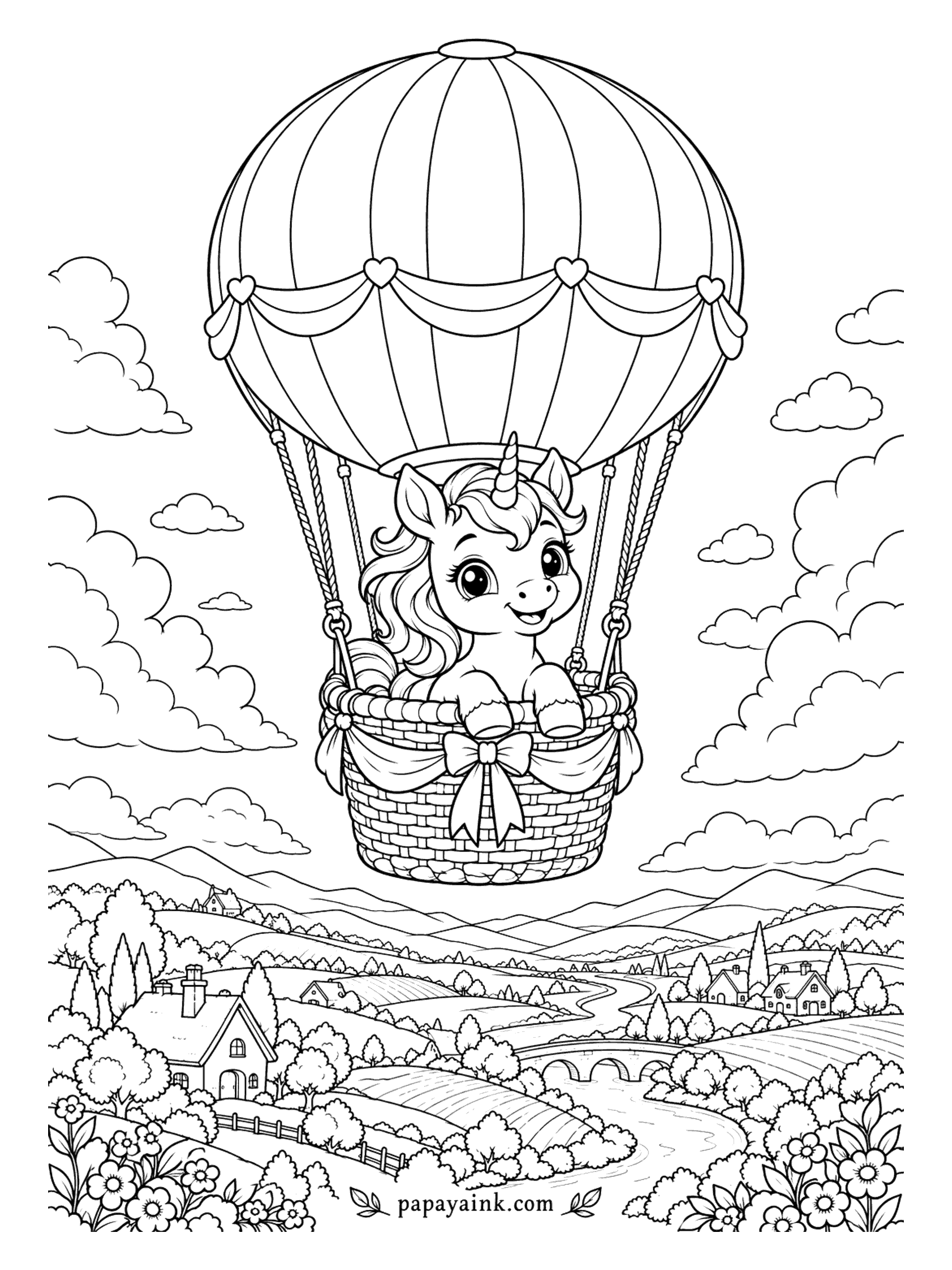 Baby Unicorn Coloring Pages - Balloon basket, big bow, best seat in the sky. Below, a valley of fields, cottages and a river with a stone bridge drifts slowly past. The balloon stripes are big and open, so a bold pattern of colors works well here.