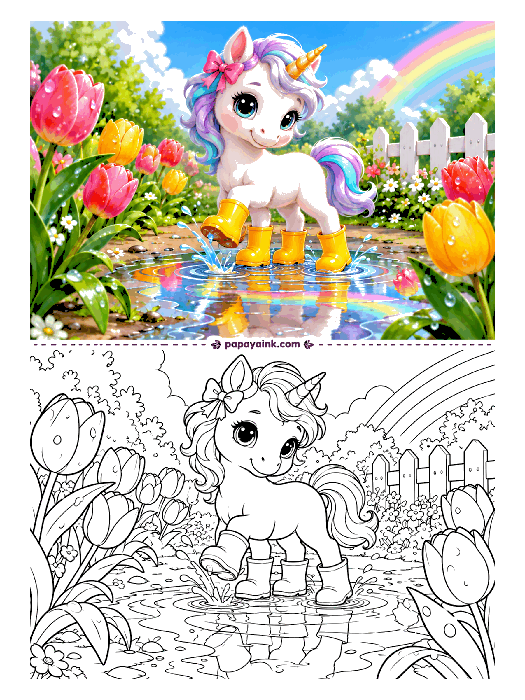 Baby Unicorn Coloring Pages - After the rain comes the best part: yellow boots on all four hooves and a puddle with a rainbow reflected in it. The tulips are still dripping along the white fence. Keep the ripples light so the reflection reads.