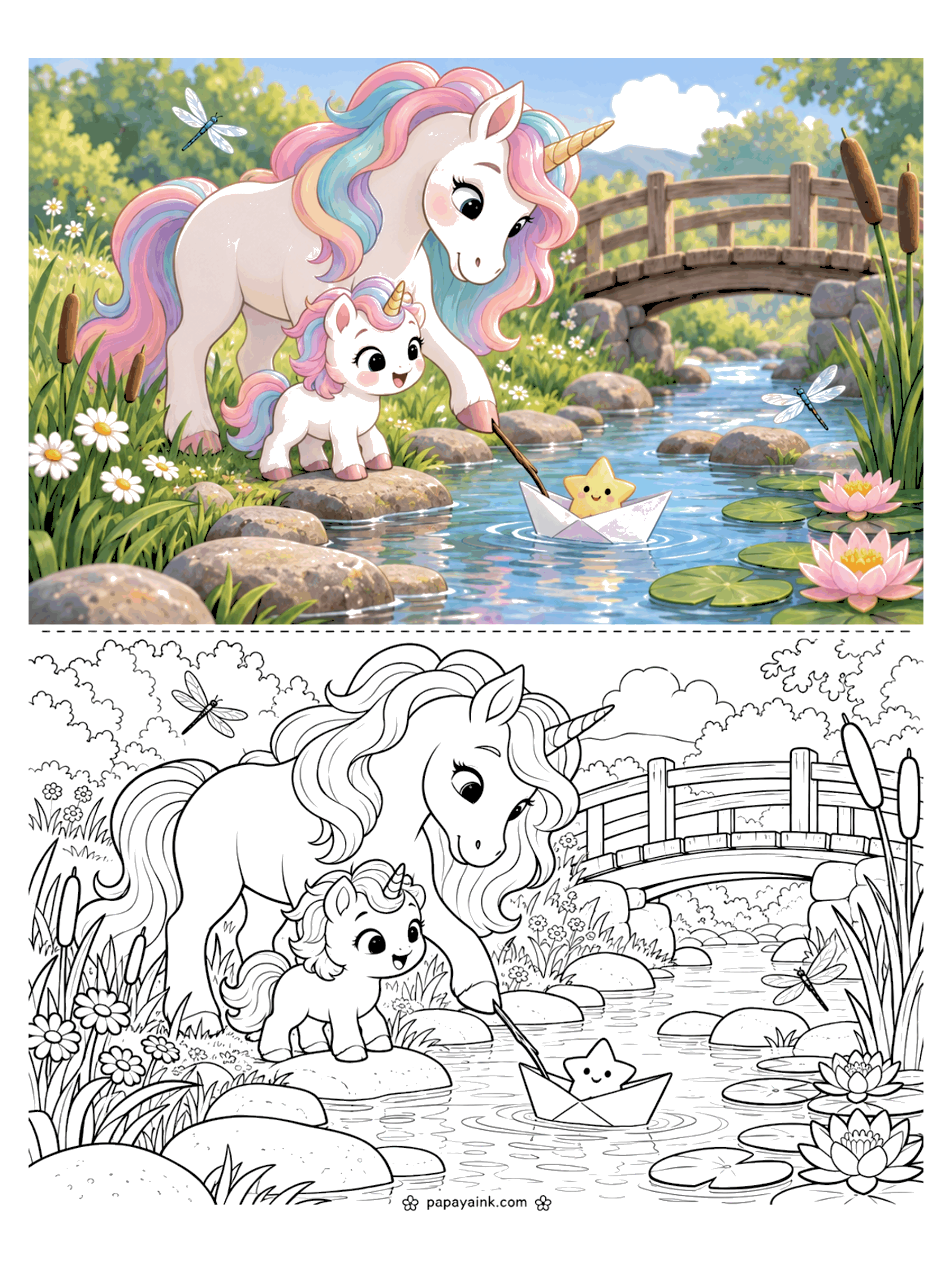 Baby Unicorn Coloring Pages - A baby unicorn launches a paper boat with a star passenger down a stream, beside mama, a wooden bridge and water lilies. Detailed.