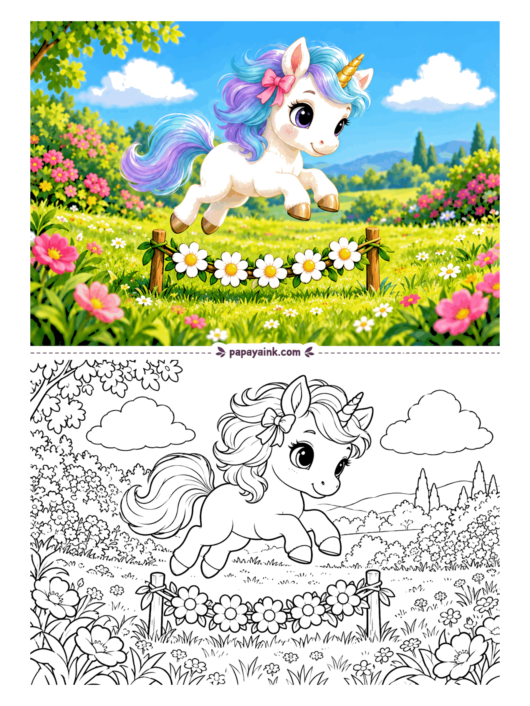 Baby Unicorn Coloring Pages - Jumping a fence made of daisies is harder than it looks when your legs are this new, but so far the leap is going beautifully. Beyond it, the meadow is thick with wildflowers and trees. Open and easy in the middle, detailed toward the edges.