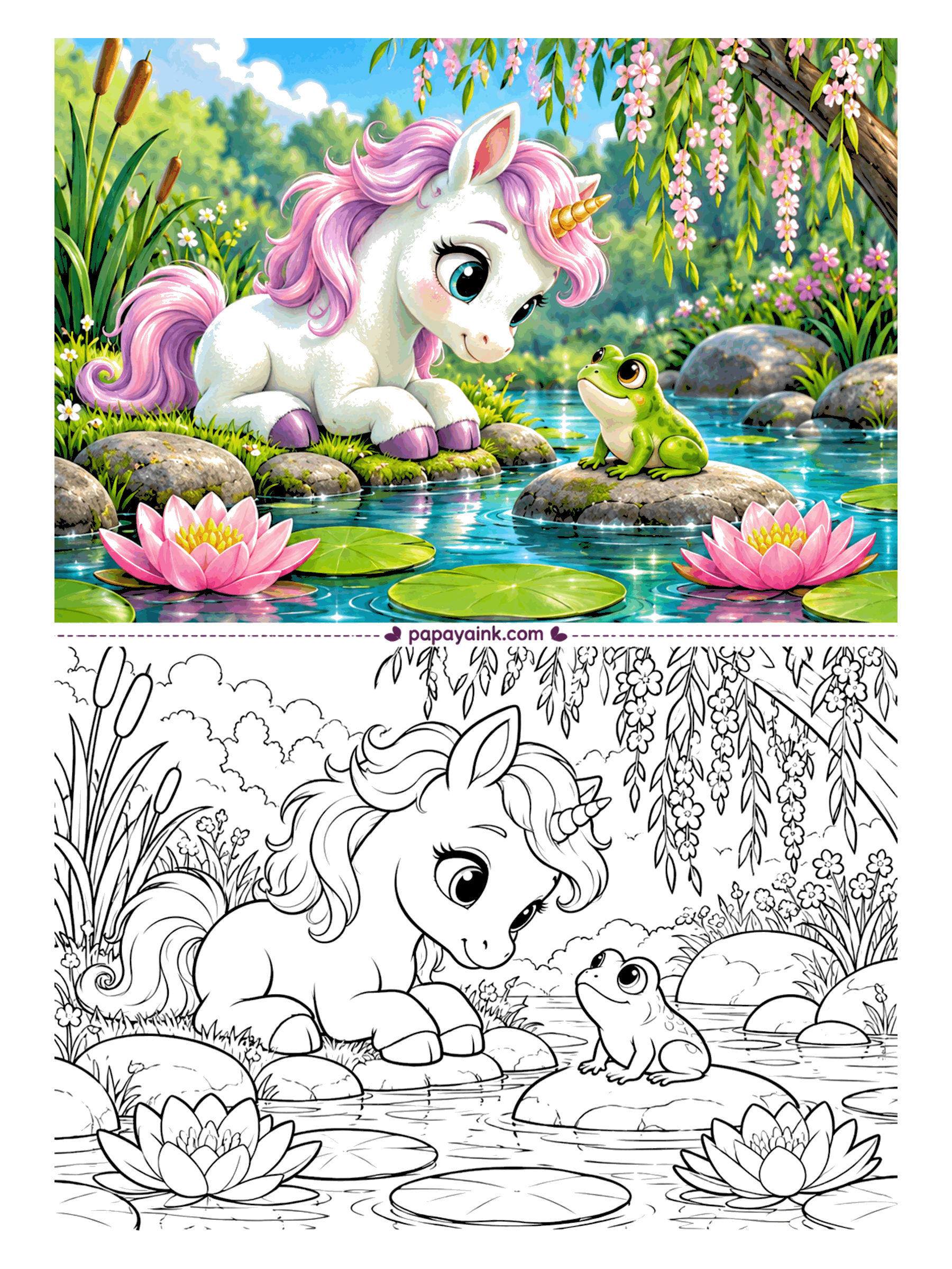 Baby Unicorn Coloring Pages - Nose to nose across the pond: the foal on a mossy bank, a frog on the next stone, and neither one willing to blink first. Willow branches hang low over water lilies and cattails. A deep teal for the water makes the pink lilies glow.