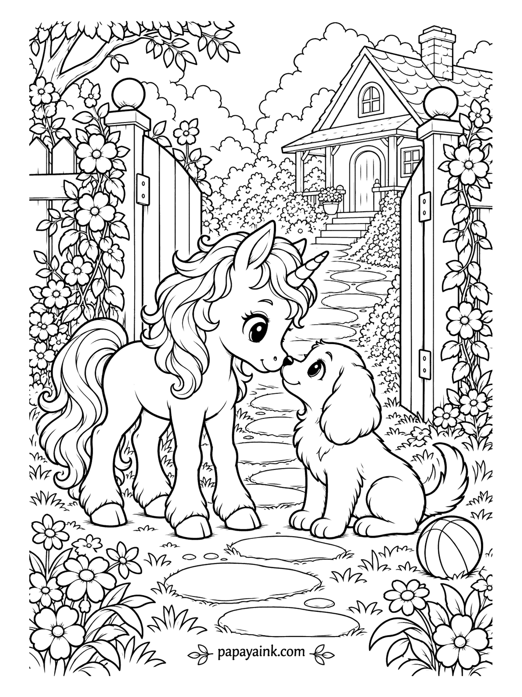 Baby Unicorn Coloring Pages - The new neighbor is a spaniel puppy, and the first meeting happens nose first at the garden gate. A ball waits on the path, just in case. Detailed - vines and flowers climb both gateposts all the way up.