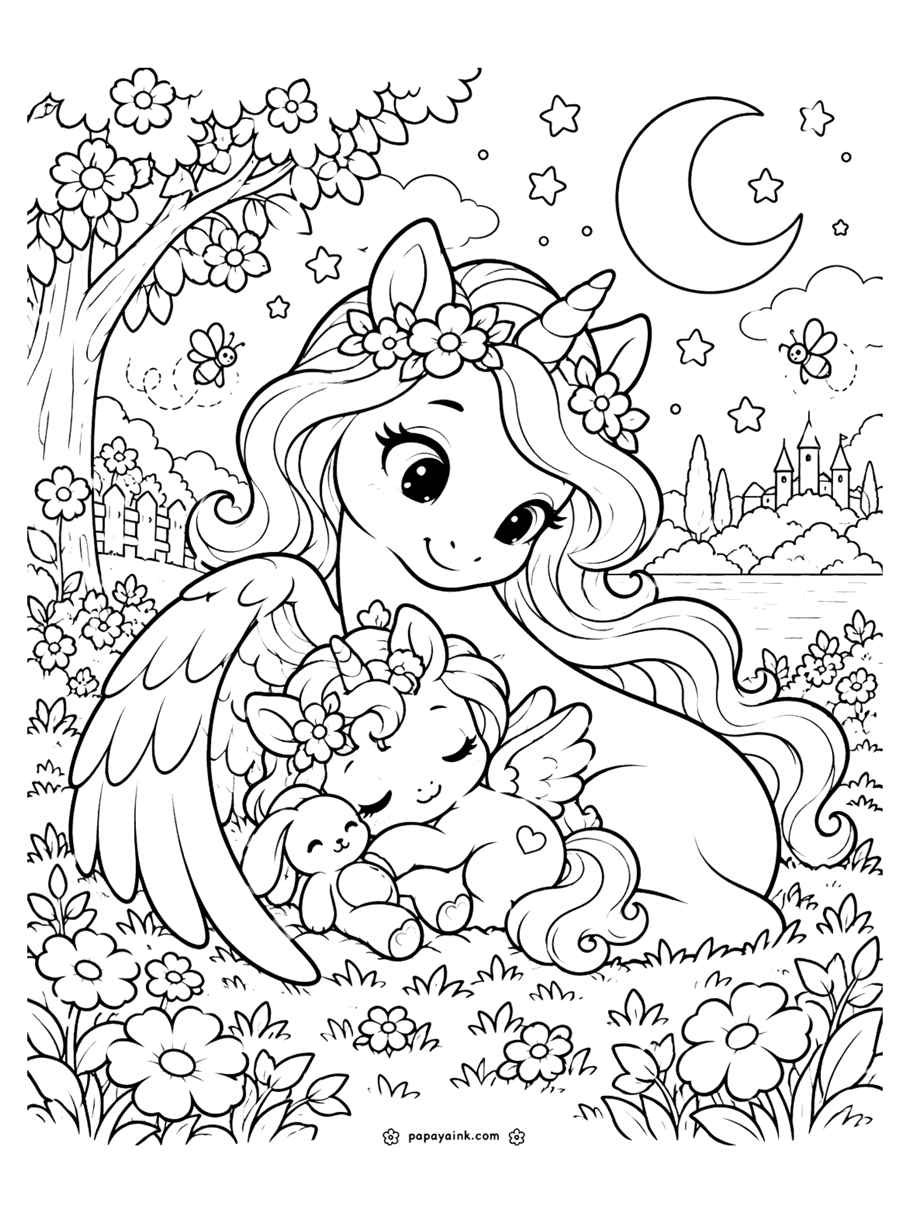Baby Unicorn Coloring Pages - A winged baby unicorn sleeps with a plush bunny under mama's wing, beneath a crescent moon, stars and a blossoming tree by the lake.
