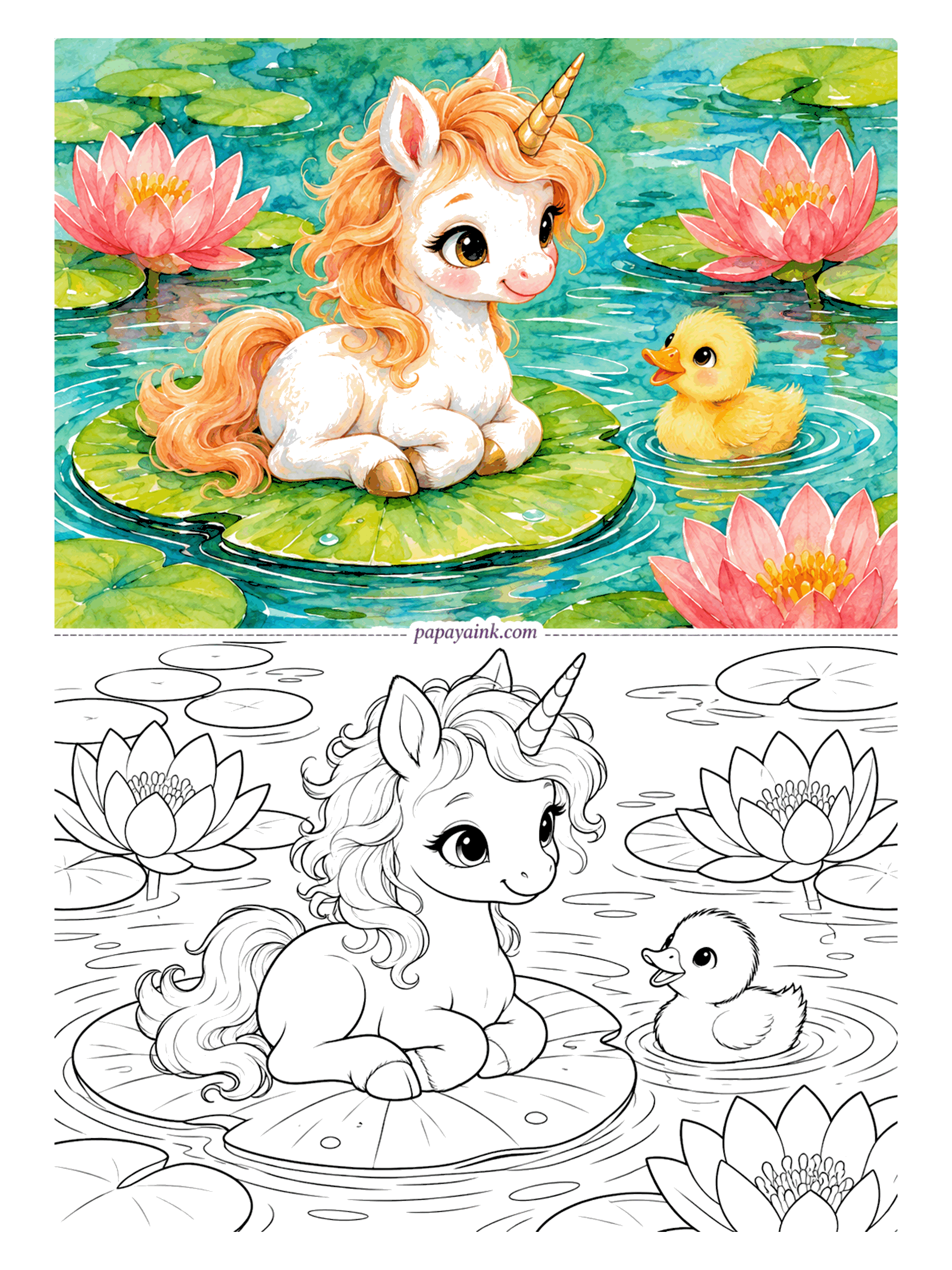 Cute Unicorn Coloring Pages - The lily pad holds, just barely. A baby unicorn with a ginger mane floats across the pond while a duckling paddles up to say hello. Watercolor sample on top - let your blues and greens overlap in the ripples.