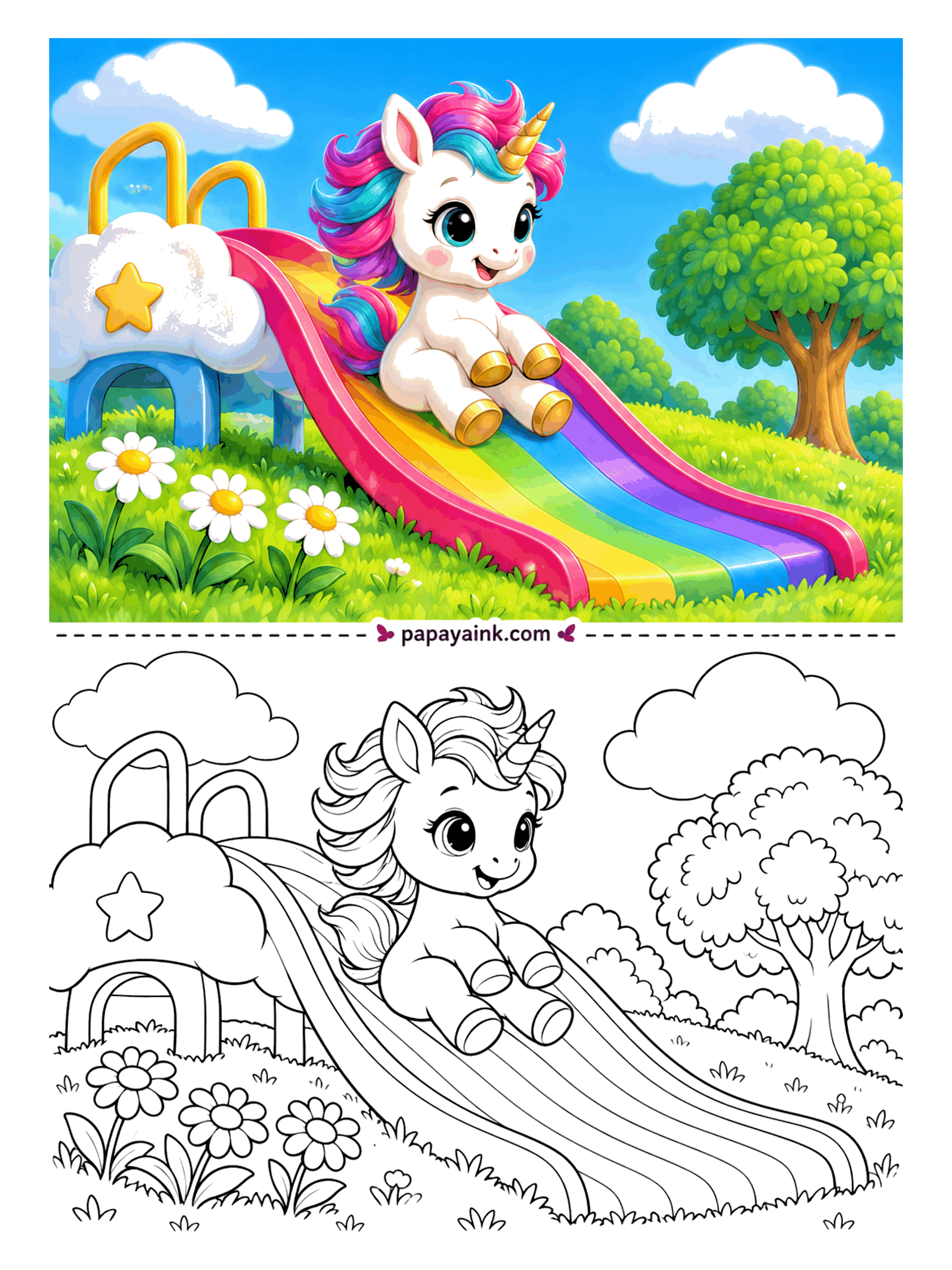 Baby Unicorn Coloring Pages - Halfway down a rainbow slide, hooves up and mane flying. The ladder starts at a cloud with a star on it, which says a lot about this playground. Give every stripe its own color and keep the daisies simple.