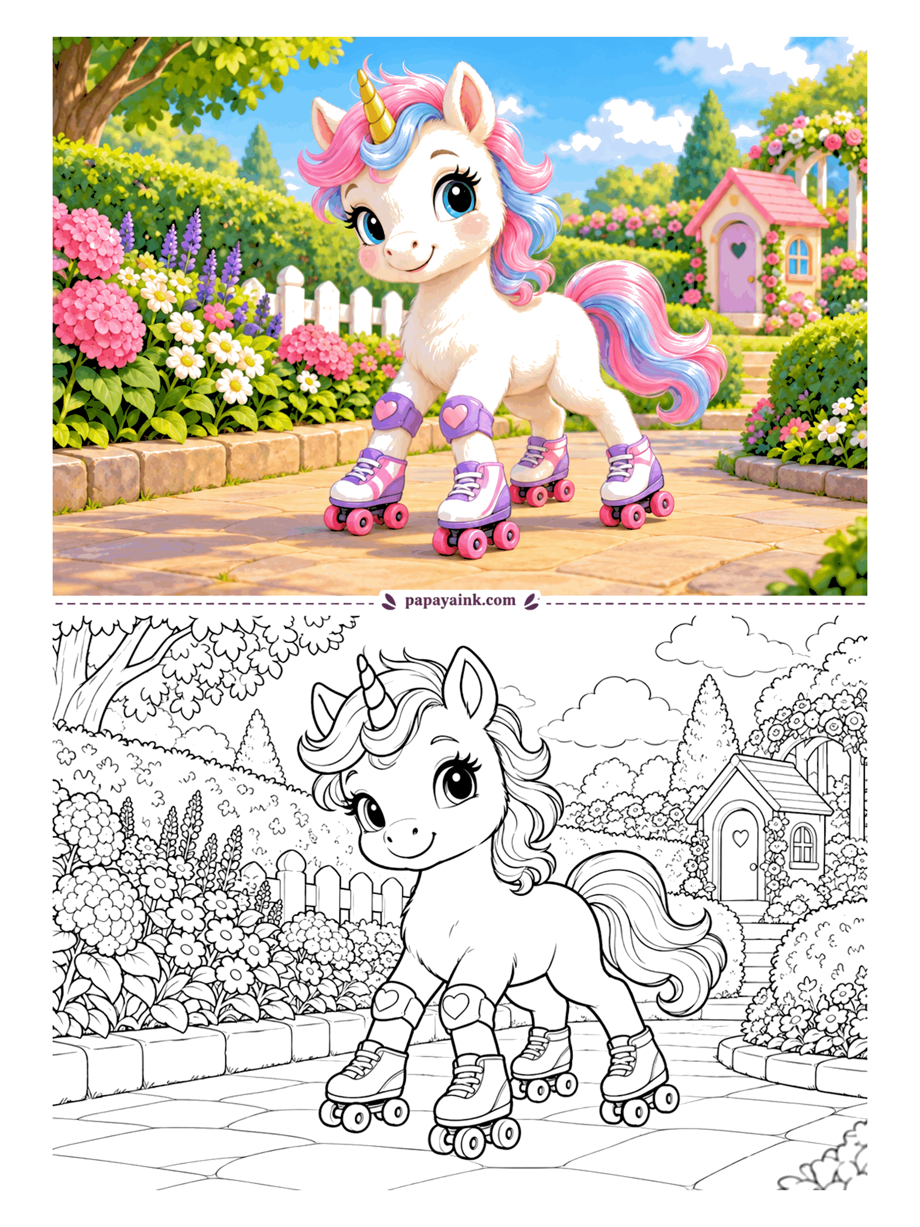 Baby Unicorn Coloring Pages - Four hooves means four roller skates, plus knee pads, because learning is learning. The garden path past a little pink cottage makes a decent practice track, as long as the hydrangeas stay out of the way. Detailed flower borders on both sides.