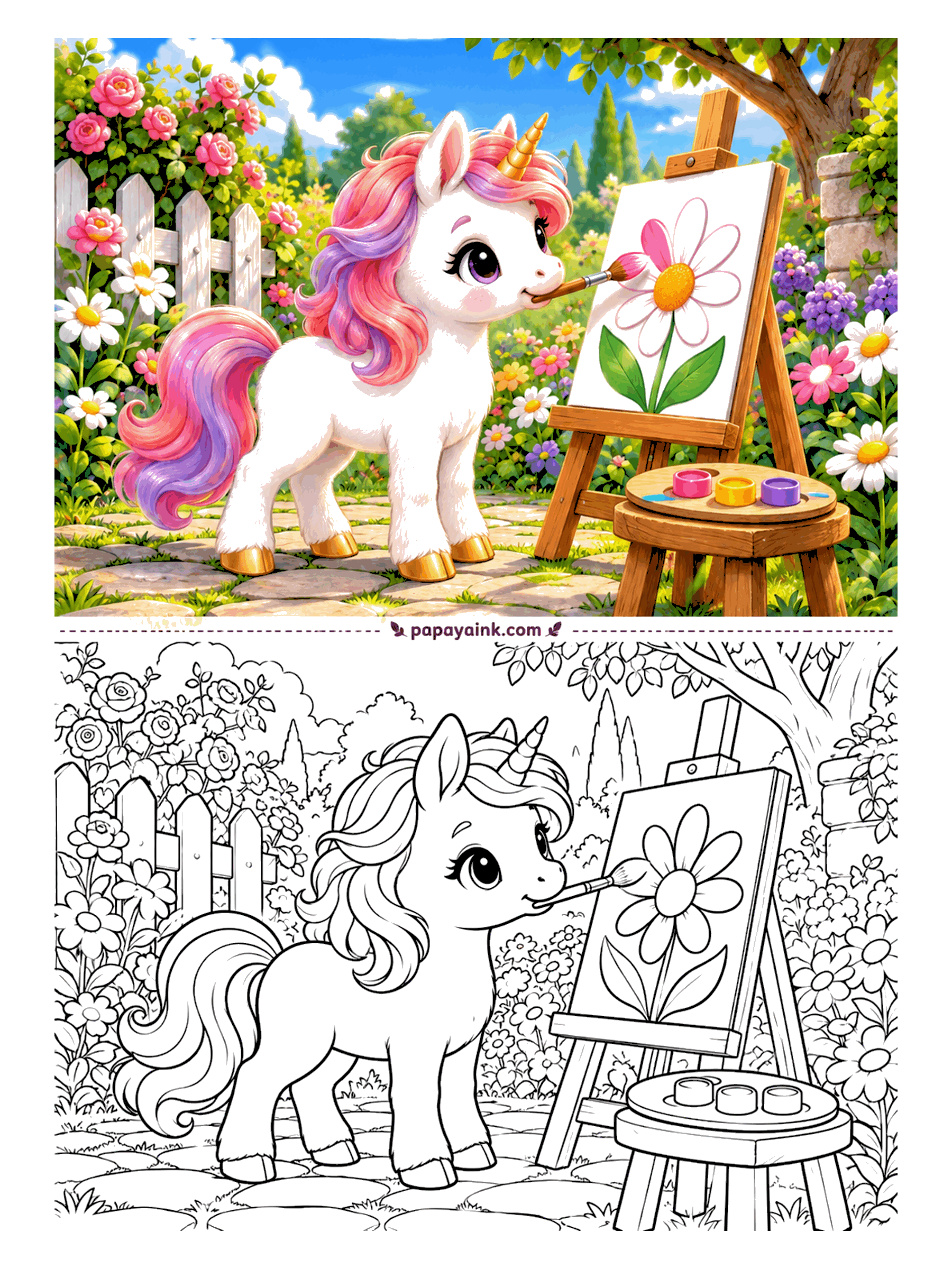 Baby Unicorn Coloring Pages - Without hands, the brush goes in the mouth, and the painted daisy is coming along nicely anyway. Paint pots sit on a stool beside the easel, with roses climbing the garden fence. Fun twist: color the daisy on the canvas differently from the real ones.