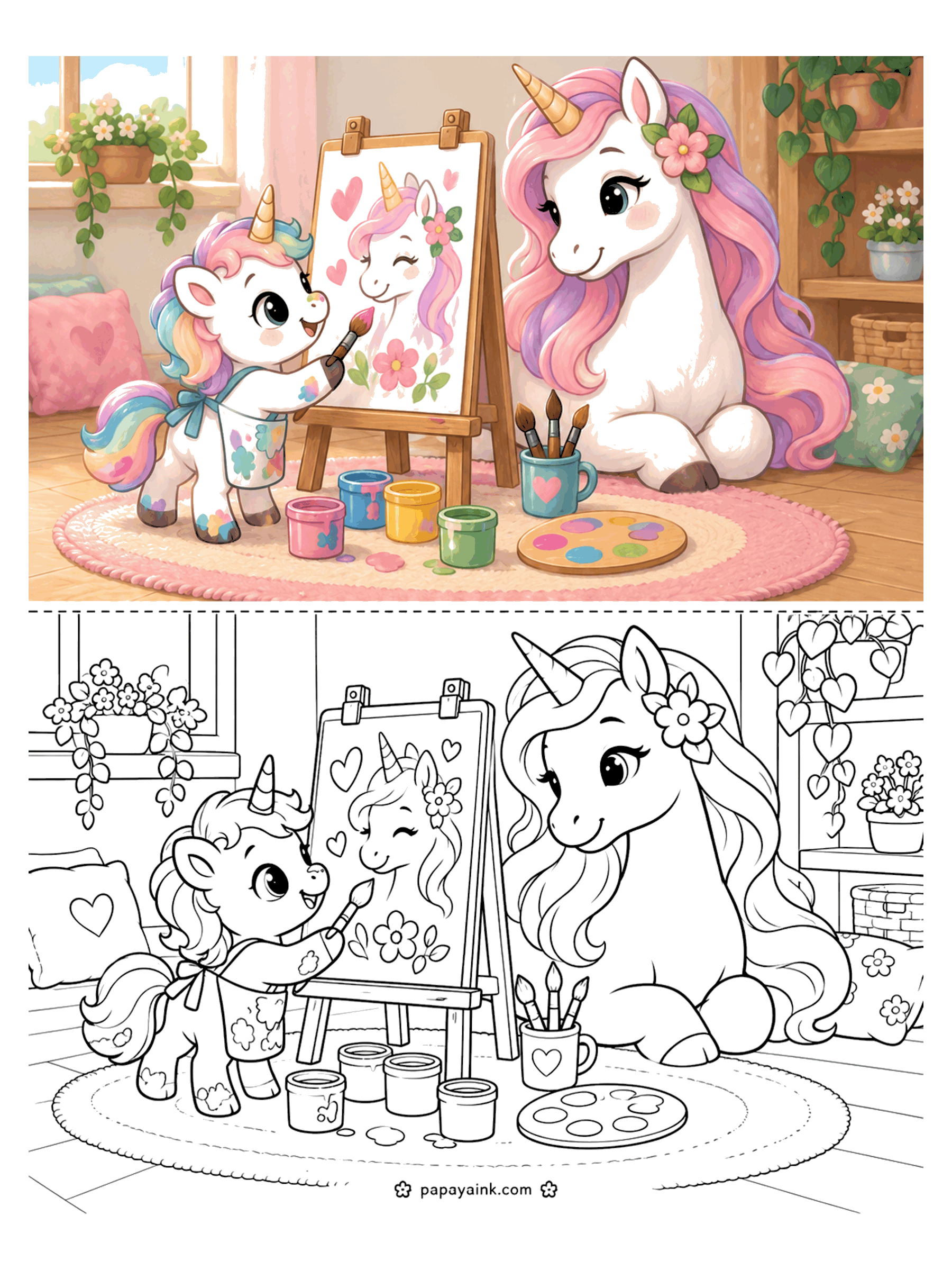 Baby Unicorn Coloring Pages - A baby unicorn in a paint-spattered apron paints a portrait of mama on an easel, with paint pots and brushes scattered on the rug.