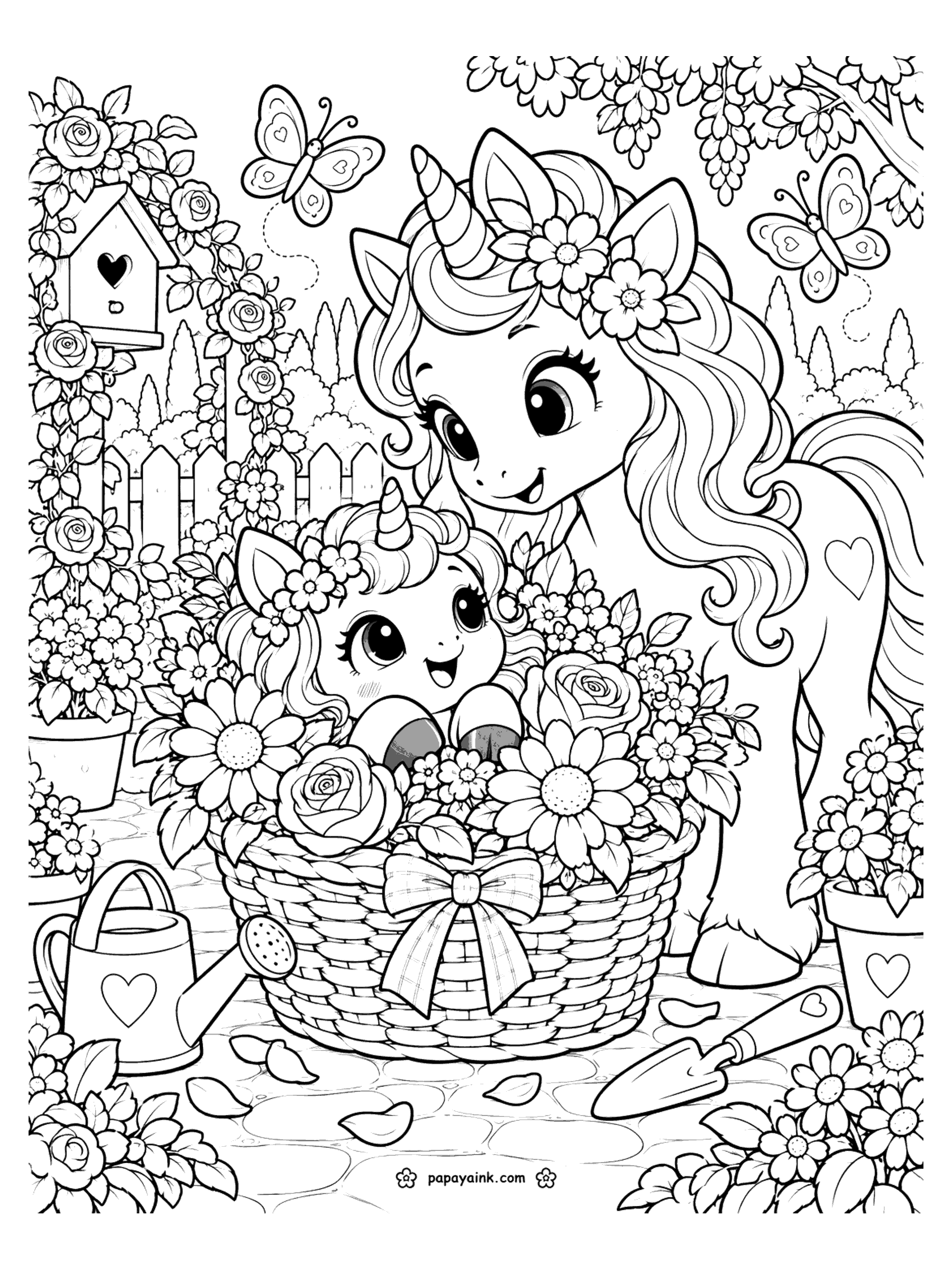 Baby Unicorn Coloring Pages - A baby unicorn peeks out of a wicker basket full of roses and sunflowers while mama watches, with a birdhouse, a watering can and butterflies. Detailed.