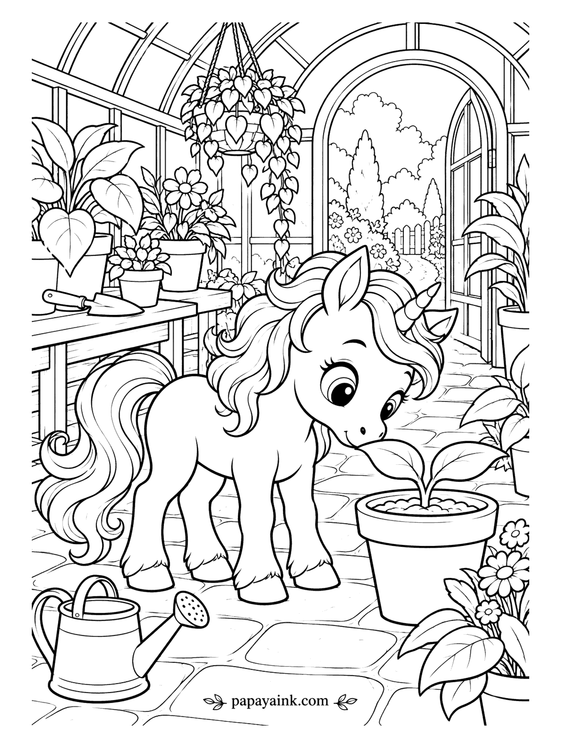 Baby Unicorn Coloring Pages - A fresh seedling, a clay pot and a very close inspection. All around are glass panes, hanging baskets and potted leaves, with the garden visible through the open door. Use green in five shades, at least.