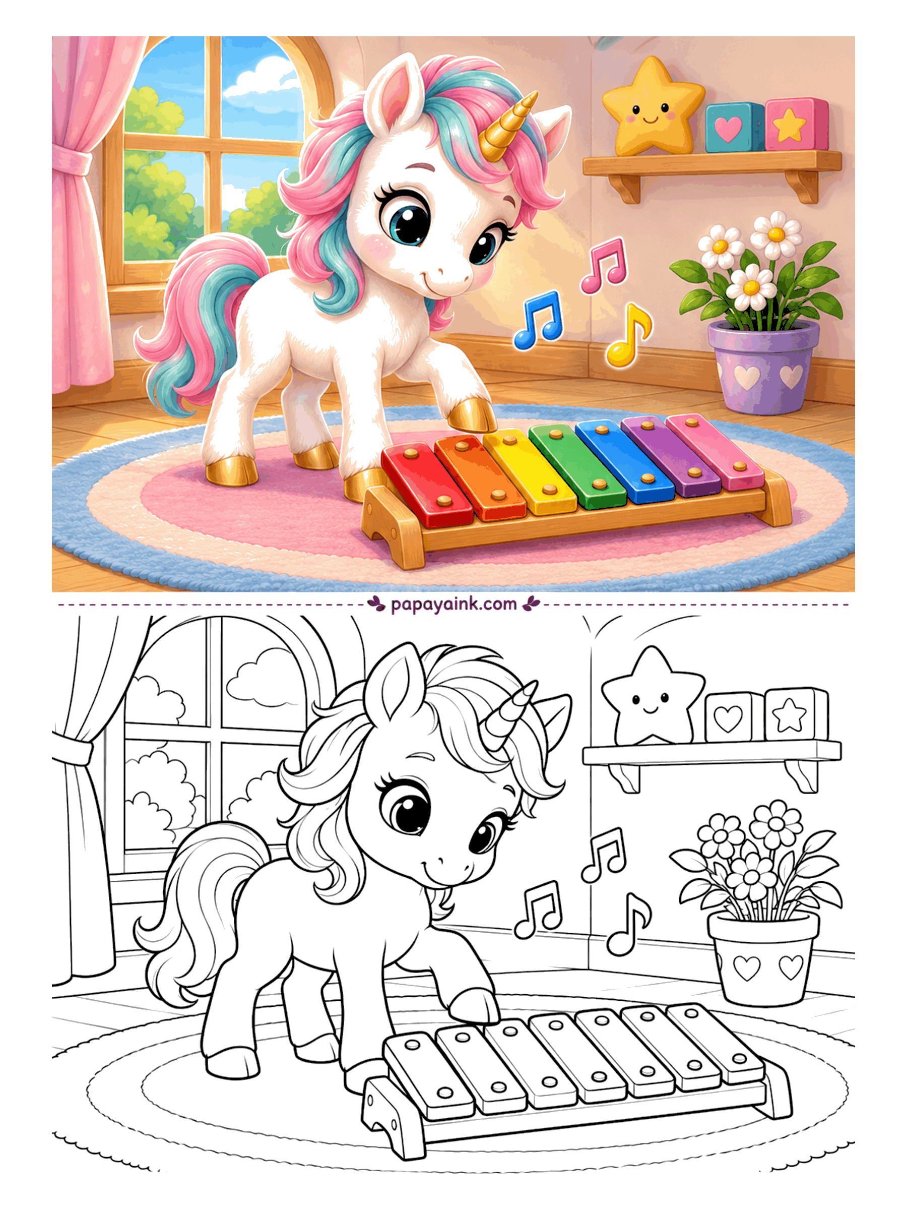 Baby Unicorn Coloring Pages - Every bar of the xylophone makes a different sound, and this baby unicorn plans to test all of them. Music notes float across the playroom, and the star on the shelf seems to approve. Big shapes, easy page; rainbow order for the bars is optional.