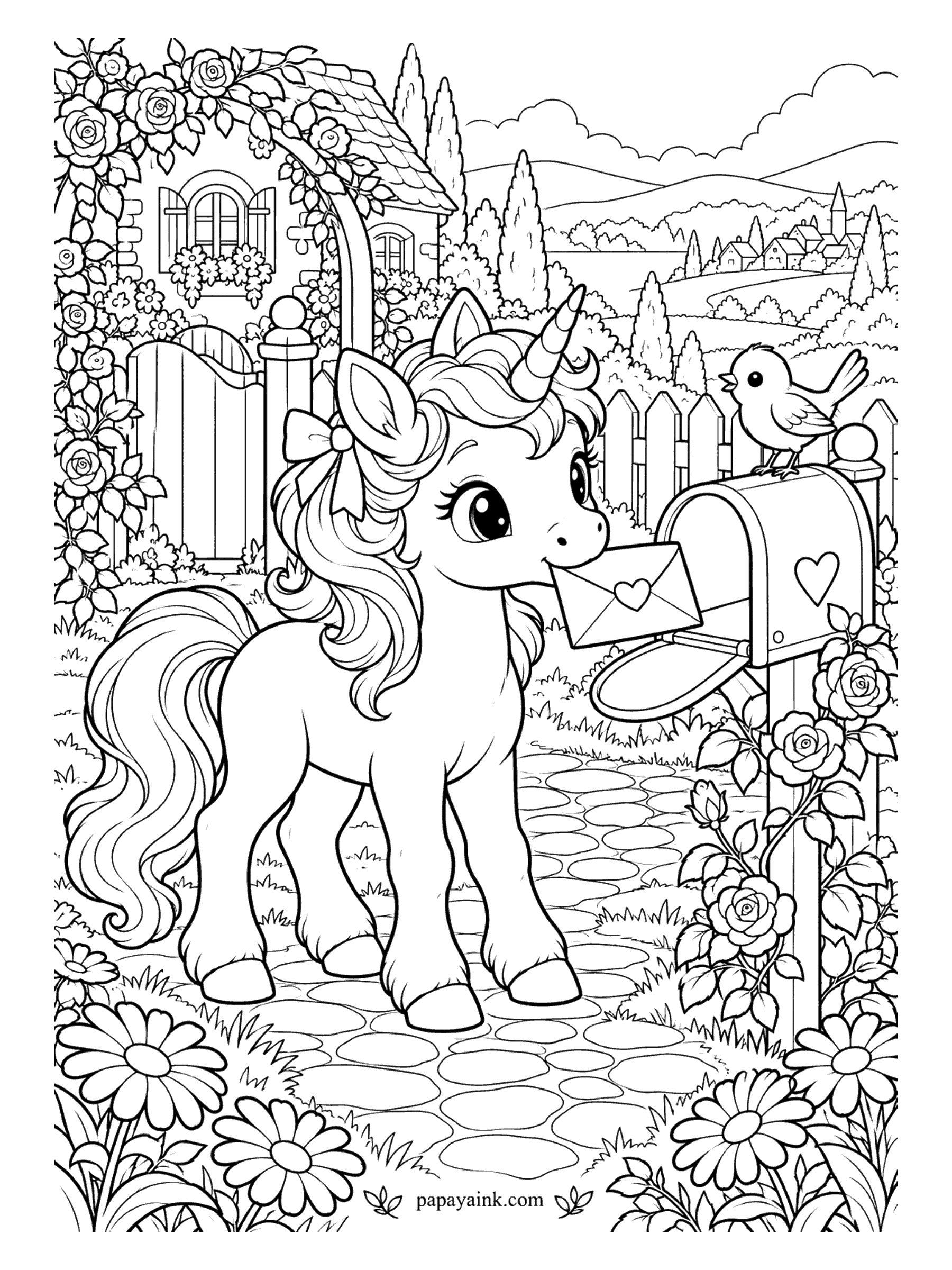 Baby Unicorn Coloring Pages - Special delivery: a letter with a heart on the envelope, carried by mouth to the garden mailbox, with a small bird on top supervising. Climbing roses frame the cottage gate. Only the sender knows who it is for, so pick the envelope color accordingly.