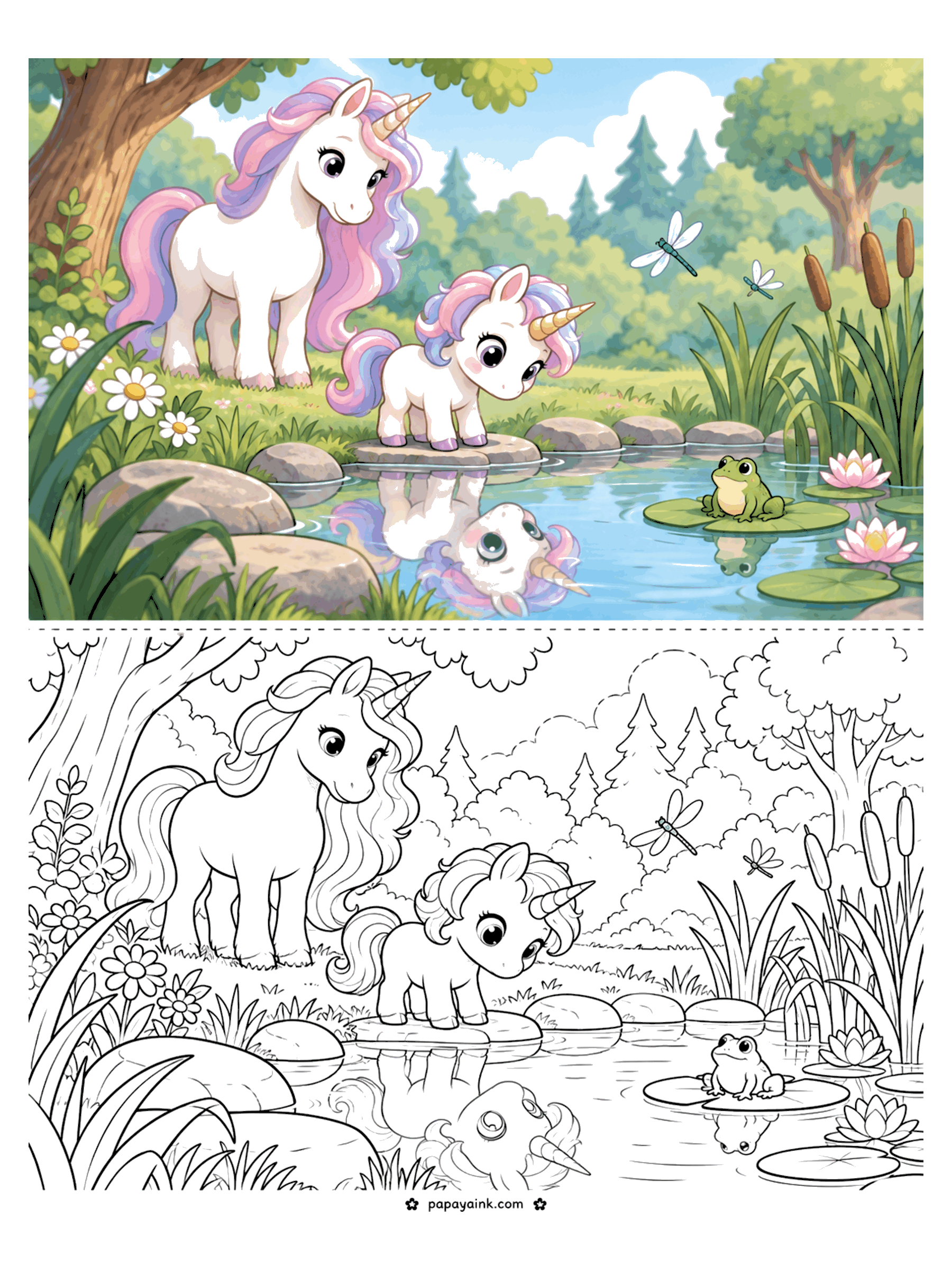 Baby Unicorn Coloring Pages - A curious baby unicorn peeks at its own reflection in a forest pond while a frog watches from a lily pad and dragonflies hover by.