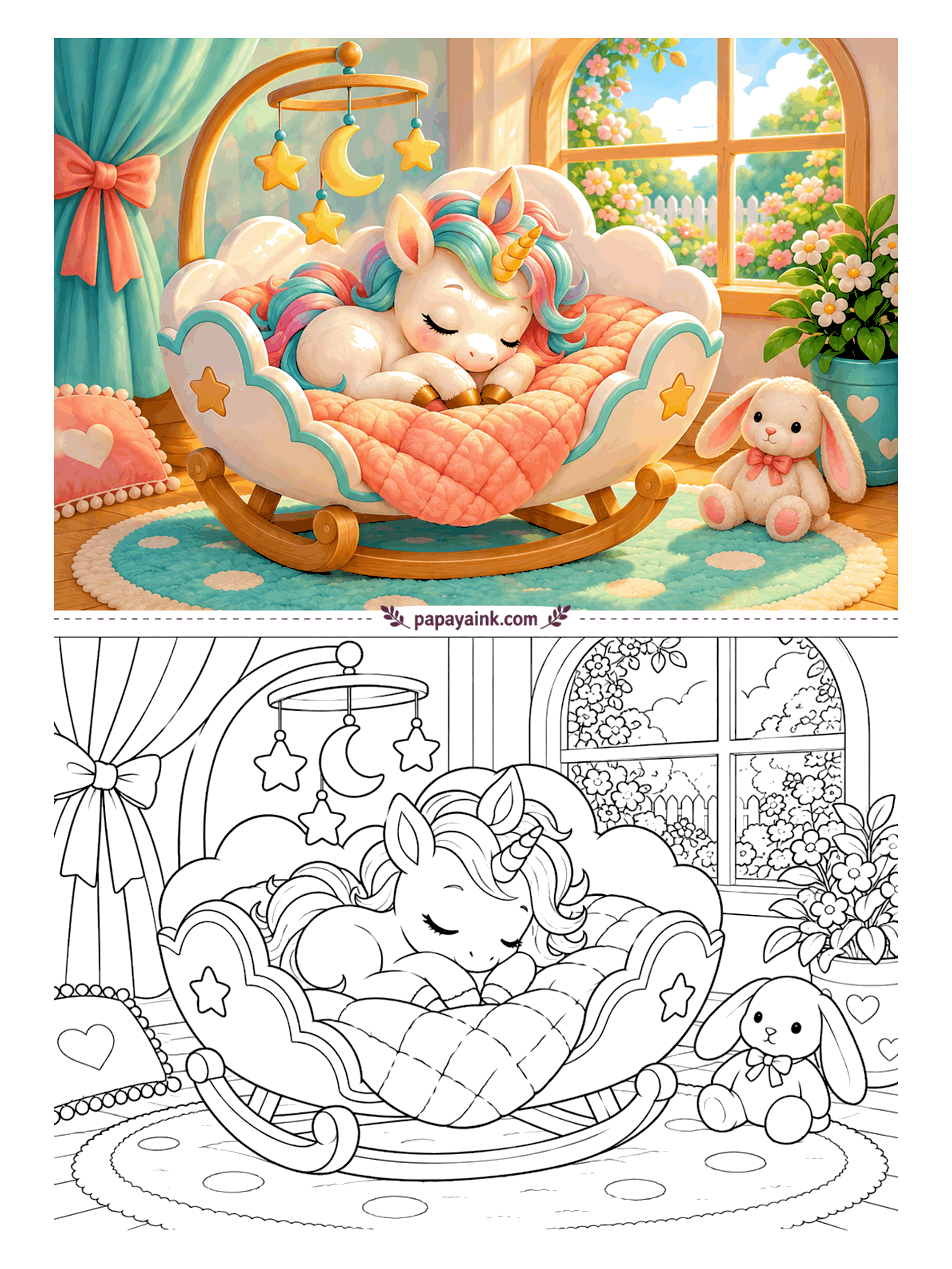 Baby Unicorn Coloring Pages - Lights out in a rocking cradle shaped like a cloud, under a quilted blanket and a mobile of stars and a crescent moon. A toy bunny keeps watch from the rug. Soft pastels suit this one best; it is supposed to look sleepy.