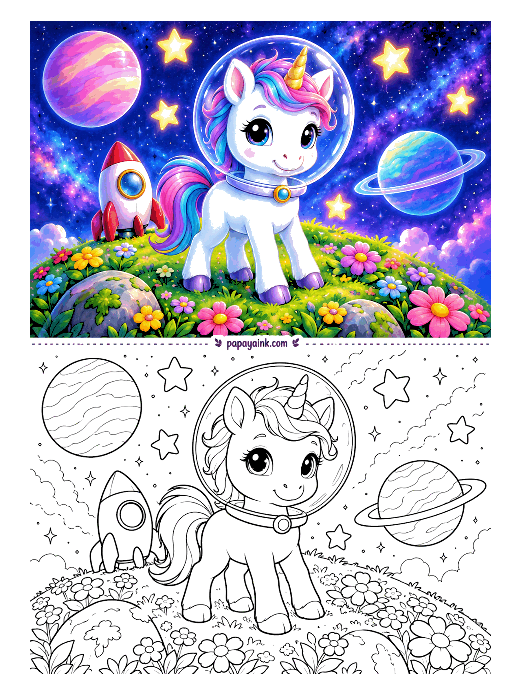 Baby Unicorn Coloring Pages - Helmet on, rocket parked, and the new planet turns out to be covered in flowers. The tiny astronaut looks very pleased with the landing. Go dark with the sky - deep purple and navy make the stars and the ringed planet pop.