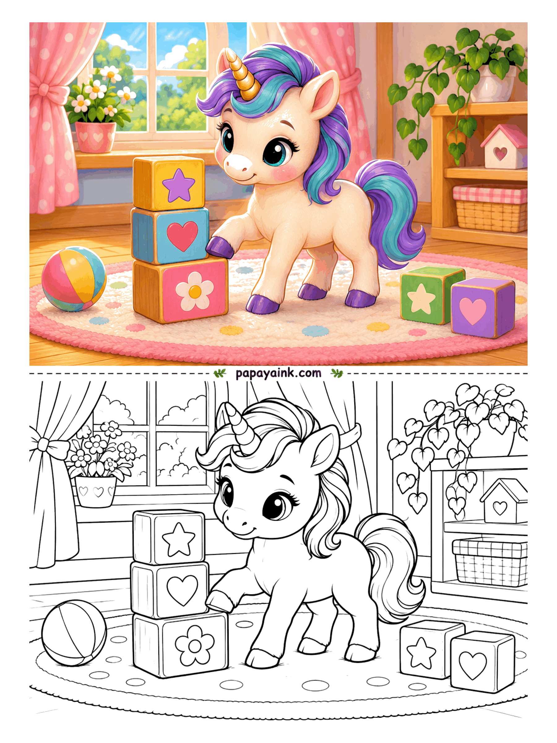 Baby Unicorn Coloring Pages - The block tower is three high, one hoof is resting on top, and it is anyone's guess whether it gets taller or much shorter. The nursery has a polka-dot rug, a striped ball and a birdhouse on the shelf. Big simple shapes, great for markers.
