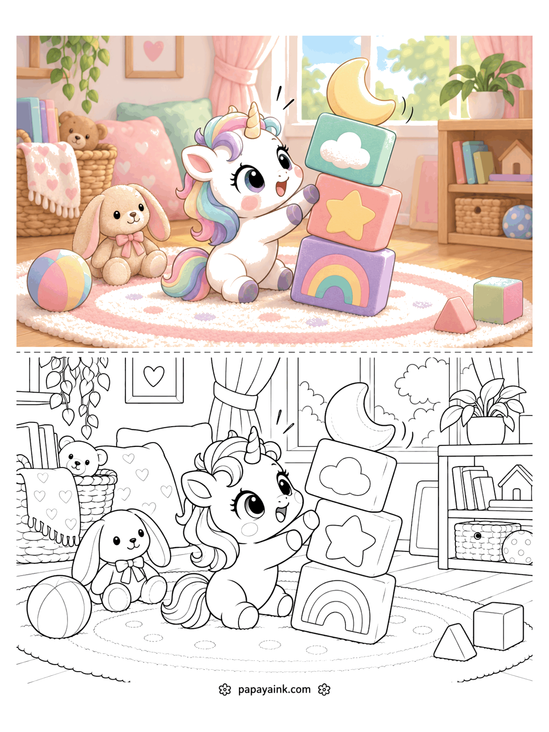 Baby Unicorn Coloring Pages - A baby unicorn stacks a wobbly tower of picture blocks in a cozy nursery, next to a plush bunny and a striped ball.