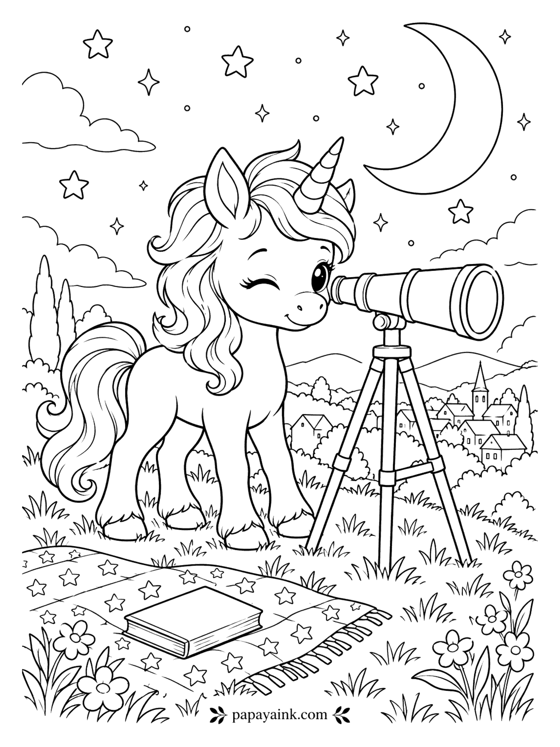 Baby Unicorn Coloring Pages - One eye shut, one eye on the telescope, and the moon looks close enough to touch. A star-print blanket and a book wait on the grass, and the village sleeps below. Mostly open sky - a navy background turns it into a real night scene.