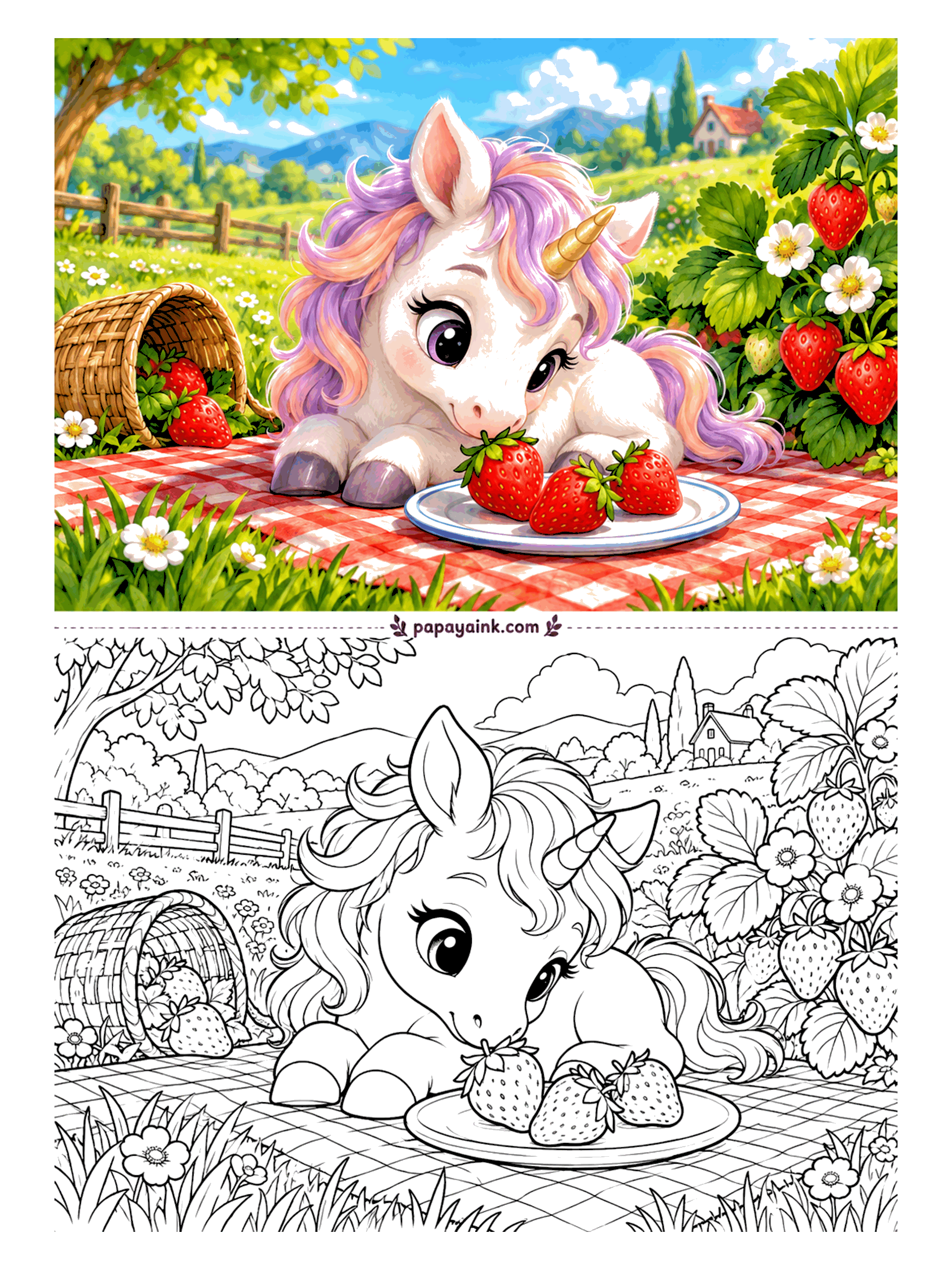Baby Unicorn Coloring Pages - Someone knocked over the strawberry basket, and the suspect is lying right here on the picnic blanket with three berries left on the plate. They will not last. Detailed - the checked blanket and strawberry leaves take patience, and they pay it back.