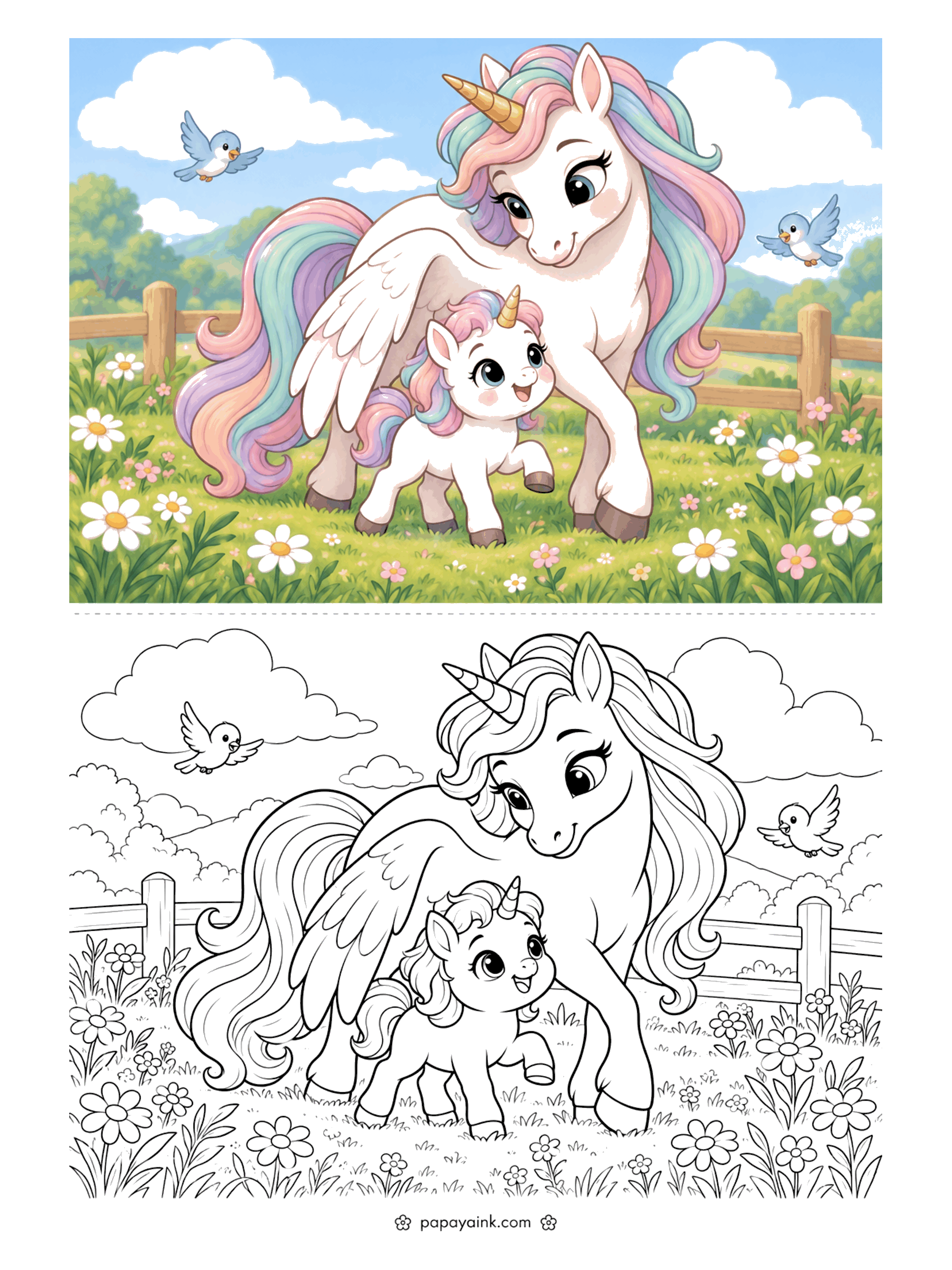 Baby Unicorn Coloring Pages - A baby unicorn takes a proud step in a daisy meadow, sheltered under mama's outstretched wing, with bluebirds and a wooden fence.