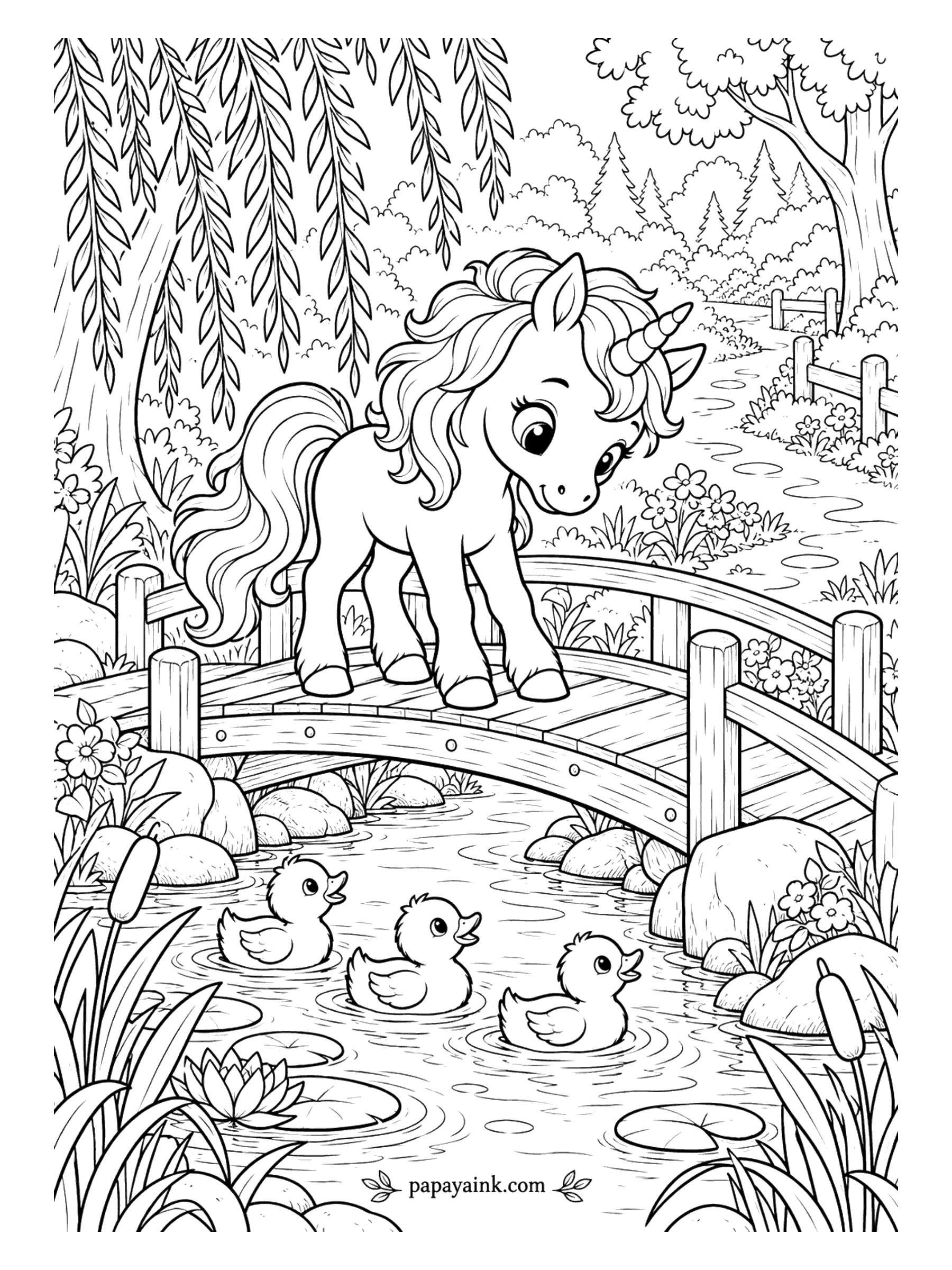 Baby Unicorn Coloring Pages - From the middle of a wooden footbridge, the baby unicorn counts ducklings: three, all paddling in the same direction. Willow branches drape over the stream, with lily pads and cattails along the bank. Lots of ripples - a light blue keeps the water calm.