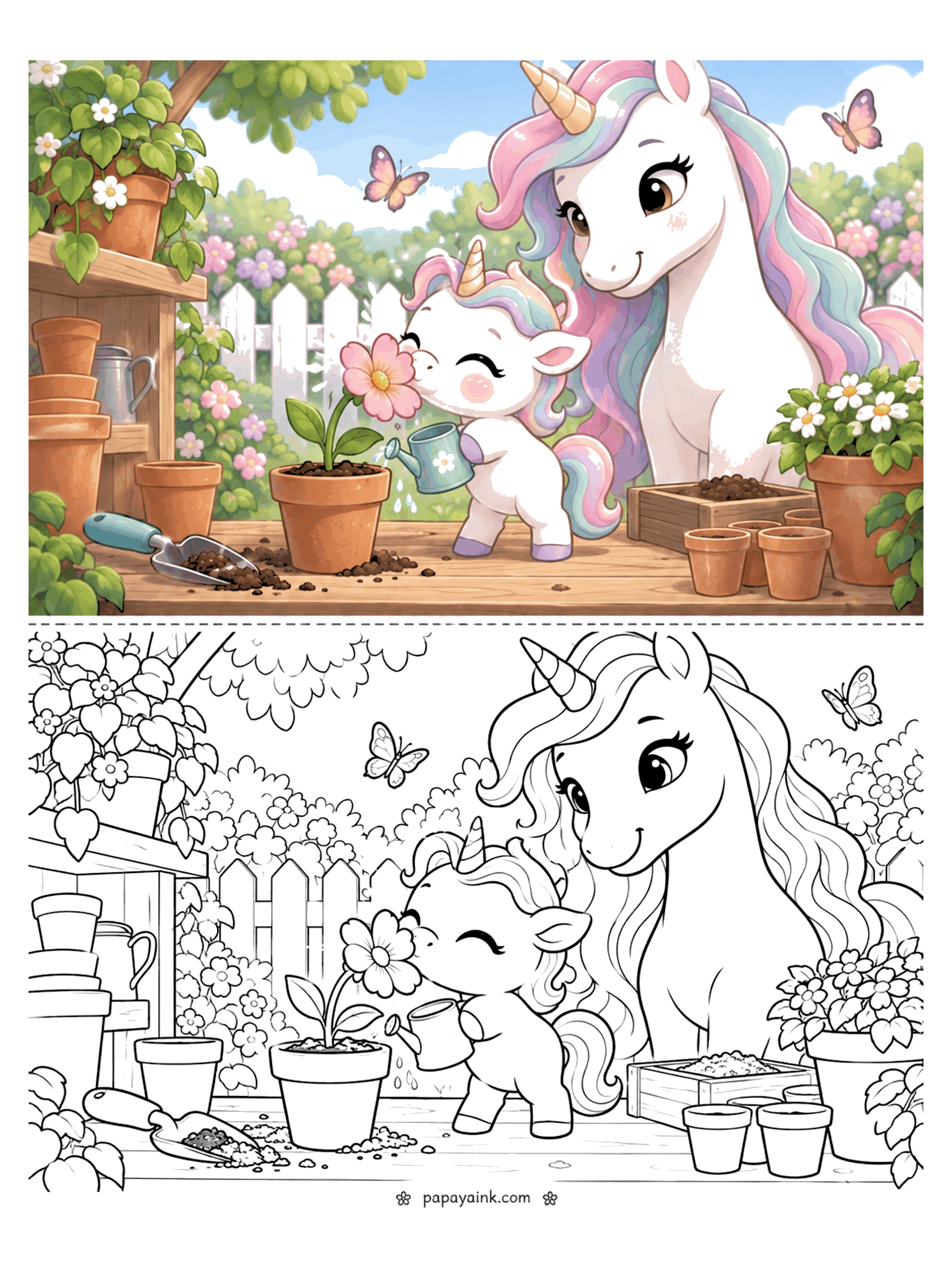 Baby Unicorn Coloring Pages - A baby unicorn sniffs a pink flower while watering it from a tiny can, with mama, clay pots, a trowel and butterflies on the potting bench.